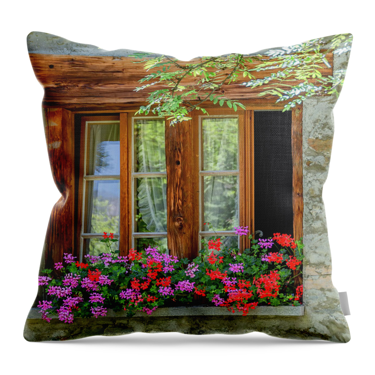 Switzerland Throw Pillow featuring the photograph Summer Window of Andermatt, Switzerland by Marcy Wielfaert