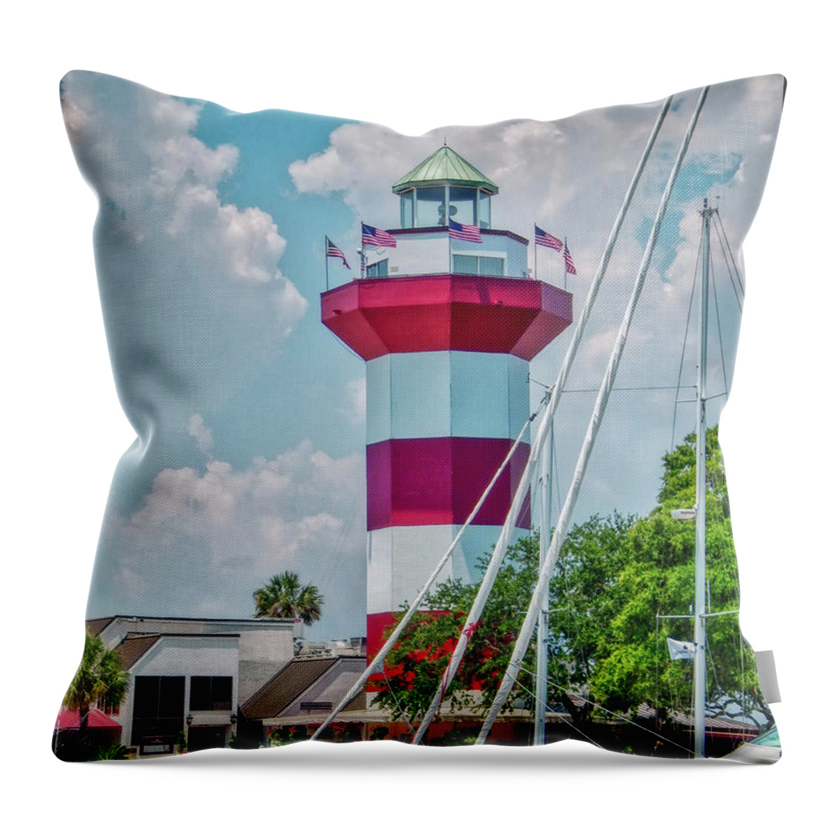 Harbour Town Lighthouse Throw Pillow featuring the photograph Summertime Harbour Town Lighthouse by Amy Dundon