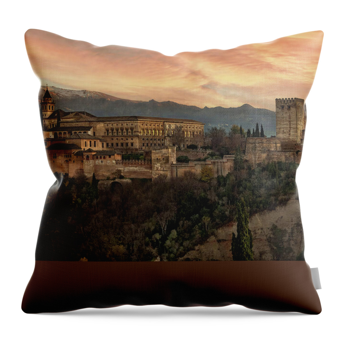 Alhambra Spain Throw Pillow featuring the photograph Sundown Over the Alhambra by Rebecca Herranen