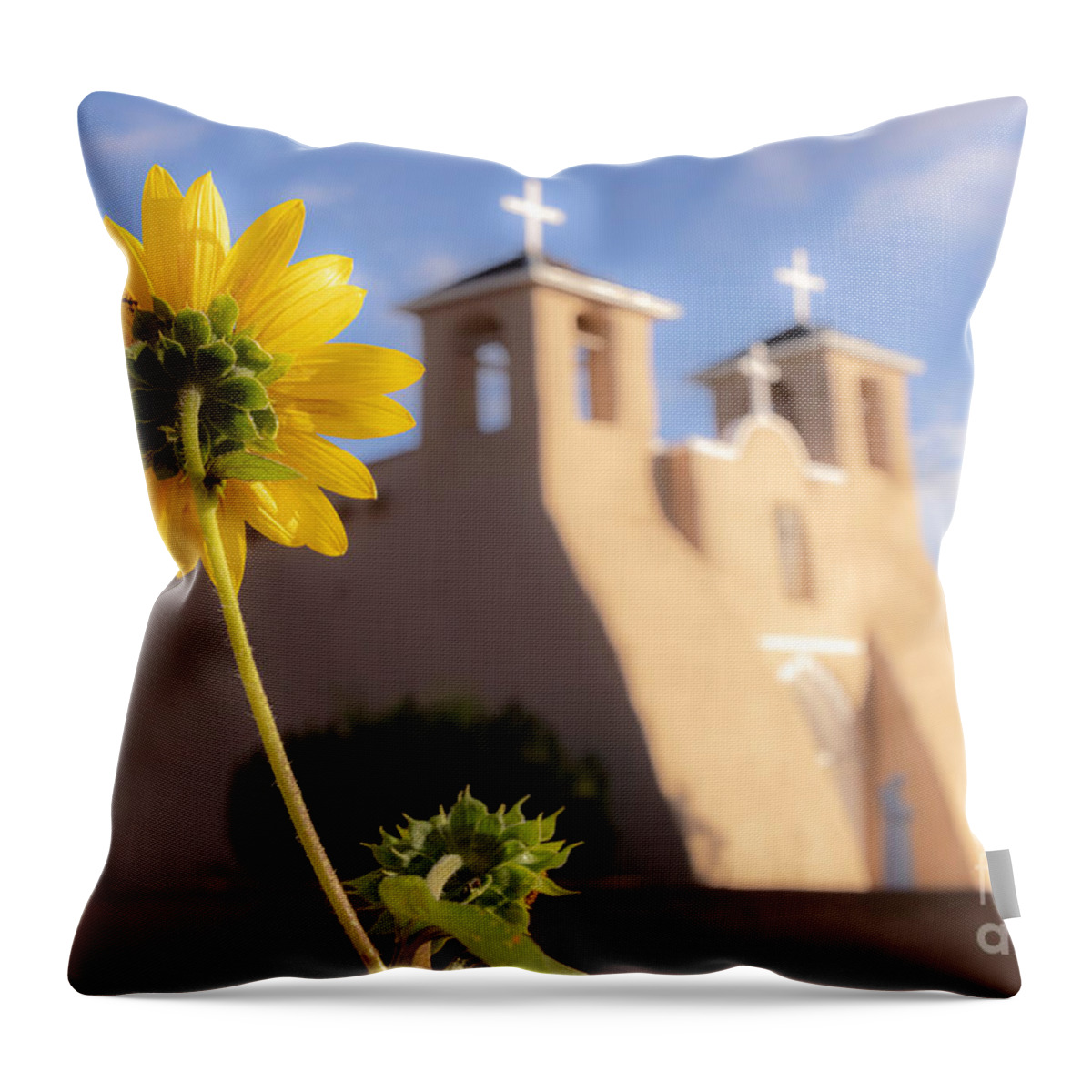 Taos Throw Pillow featuring the photograph Sunflower and the St Francis de Asis Church by Elijah Rael