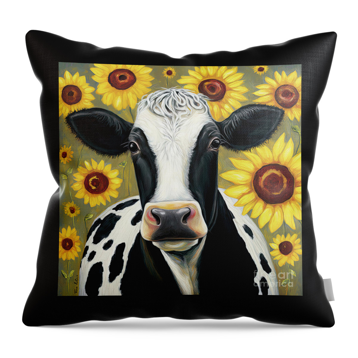 Cow Throw Pillow featuring the painting Sunflower Country Cow by Tina LeCour