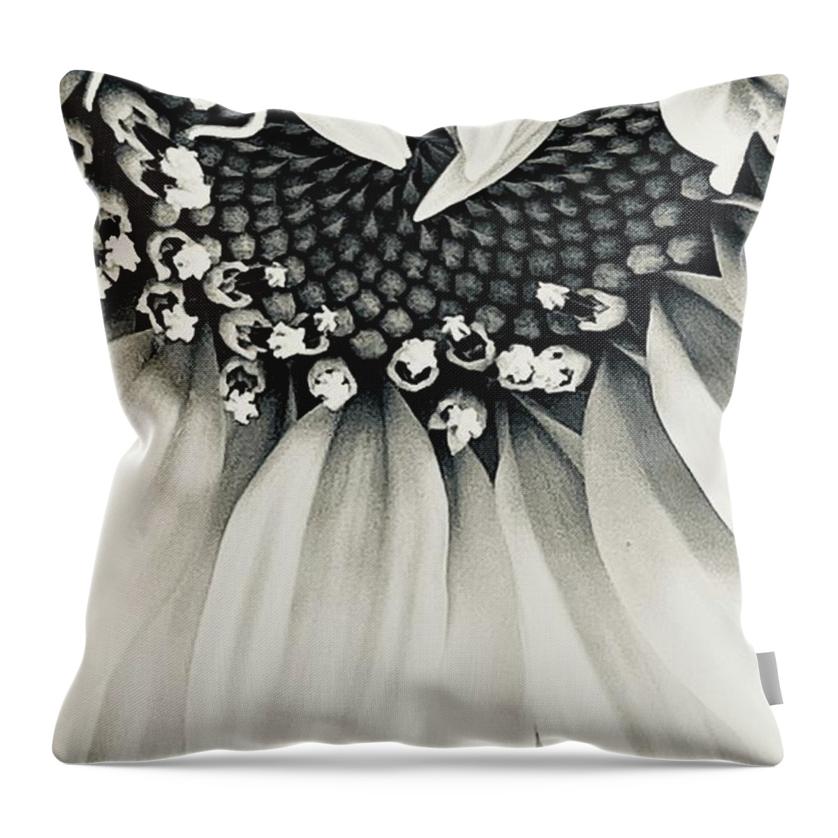 Sunflower Seed Black White B&w Throw Pillow featuring the photograph Sunflower Surprise by Eileen Gayle