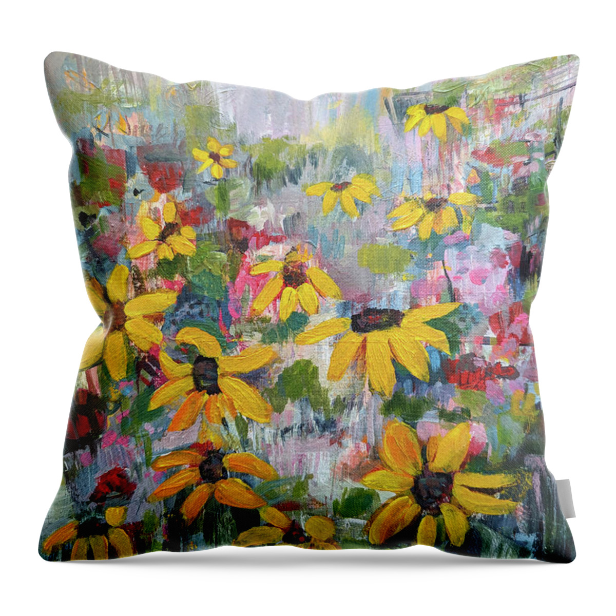 Sunflower Paintings Throw Pillow featuring the painting Sunflowers Farm by Haleh Mahbod
