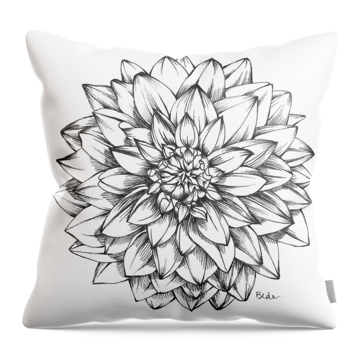 Ink Paper Dahlia Black White Flower Illustration Throw Pillow featuring the drawing Sunlight and Dahlias by Catherine Bede