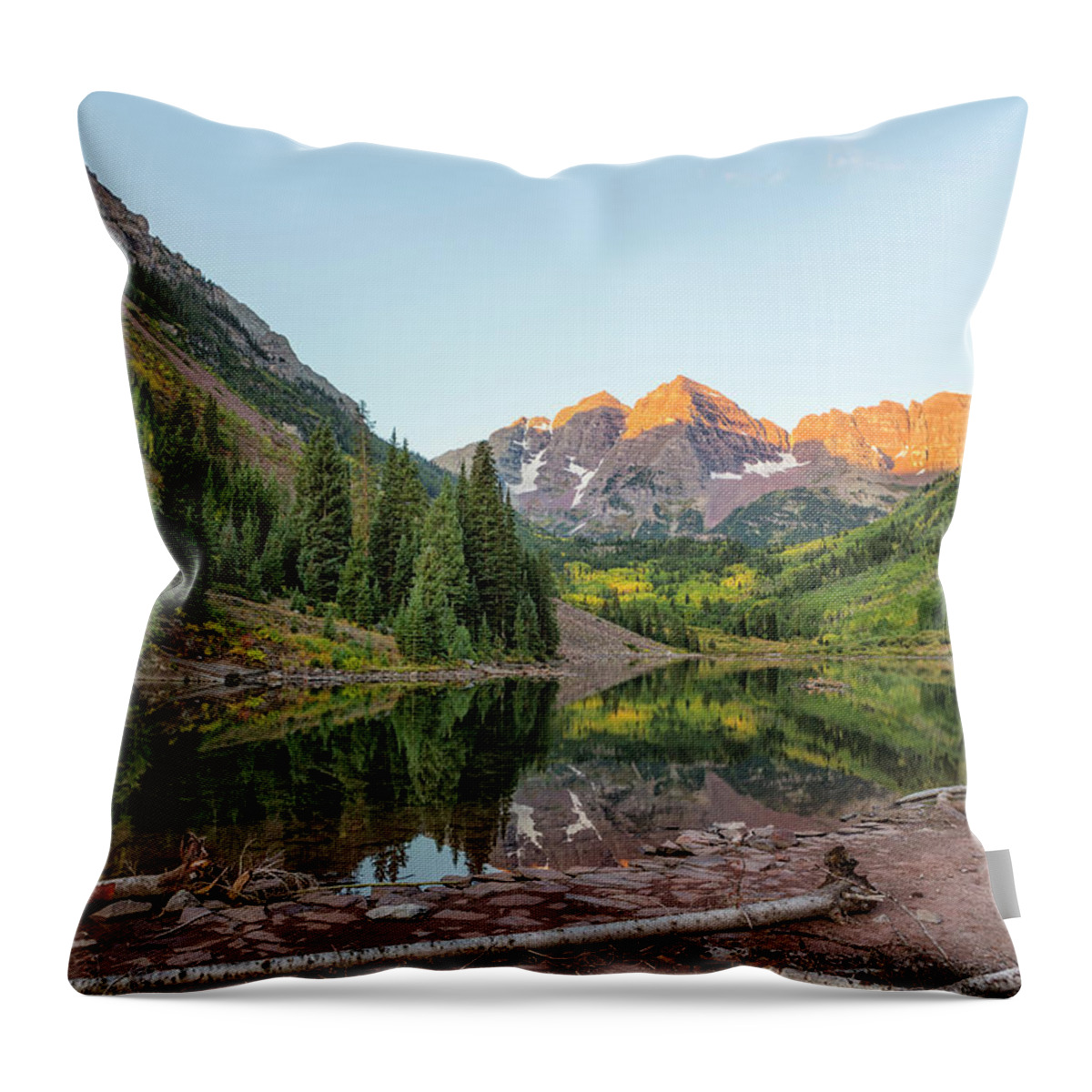 Maroon Bells Throw Pillow featuring the photograph Sunlight Hitting the Peaks at Maroon Bells by Belinda Greb