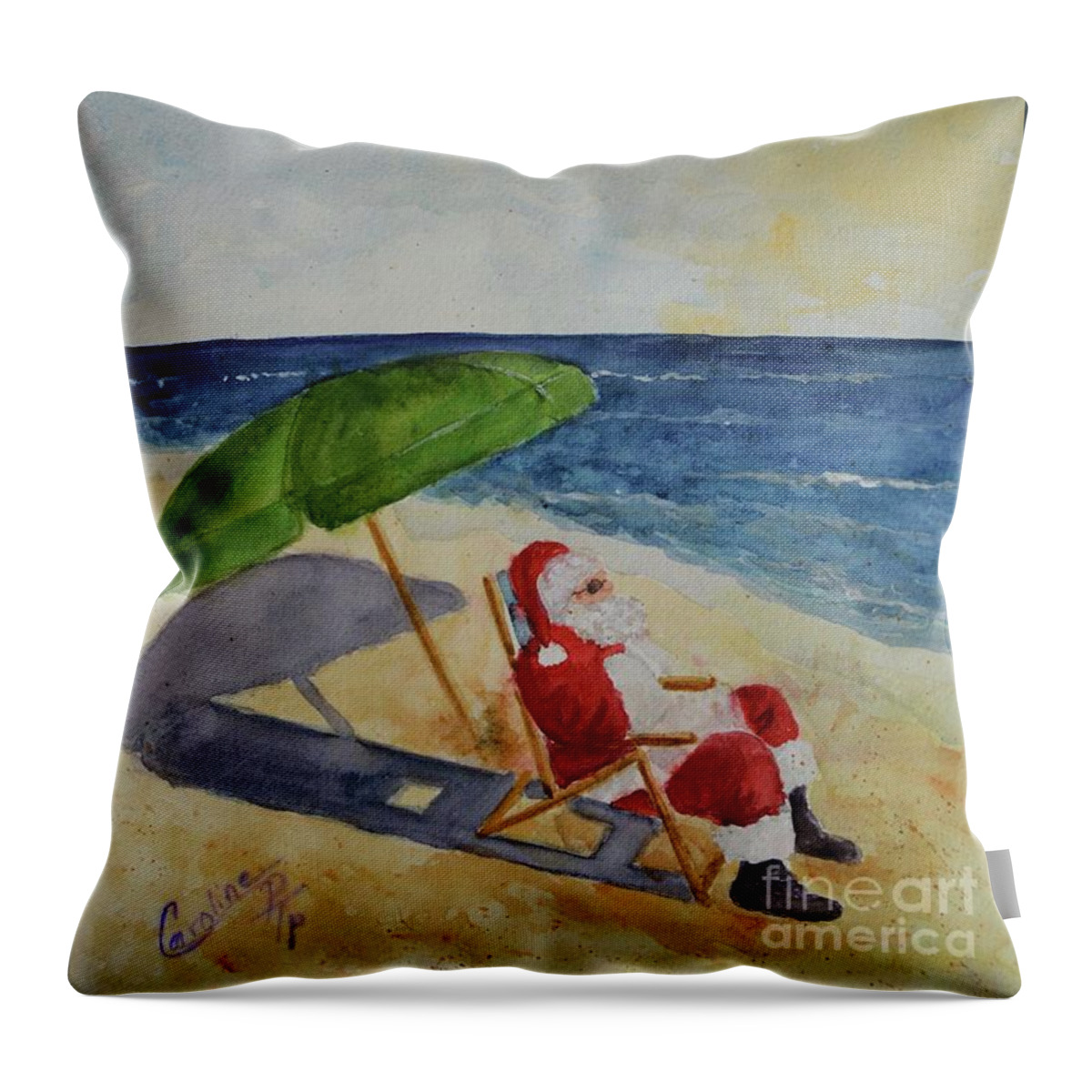 Christmas Painting Throw Pillow featuring the painting Sunning Santa Claus by Caroline Harris