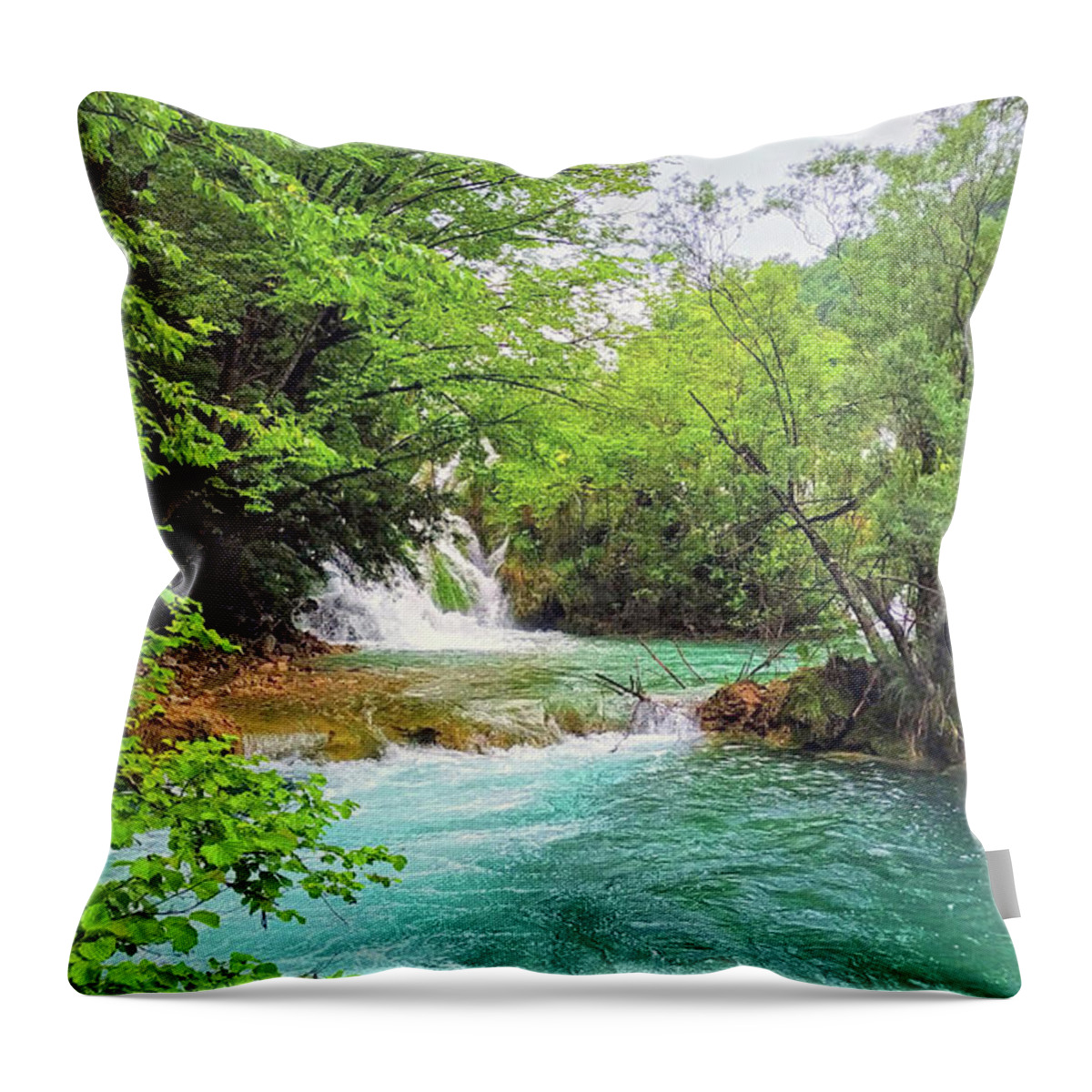 Waterfall Throw Pillow featuring the photograph Sunny Day at the Forest Waterfall by Alex Mir