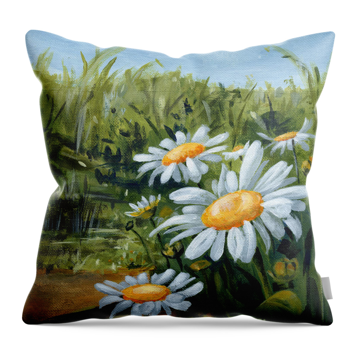 Landscape Throw Pillow featuring the painting Sunny Side of Life - Daisies Painting by Annie Troe