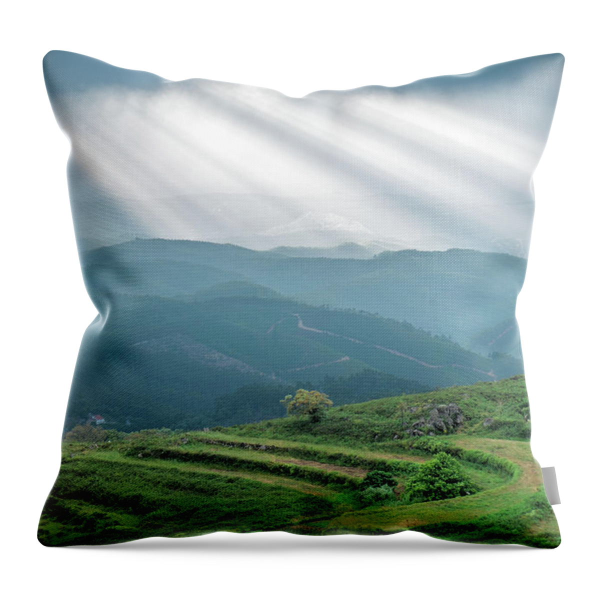 Portugal Throw Pillow featuring the photograph Sunrays over little trees and hill in Monchique by Angelo DeVal