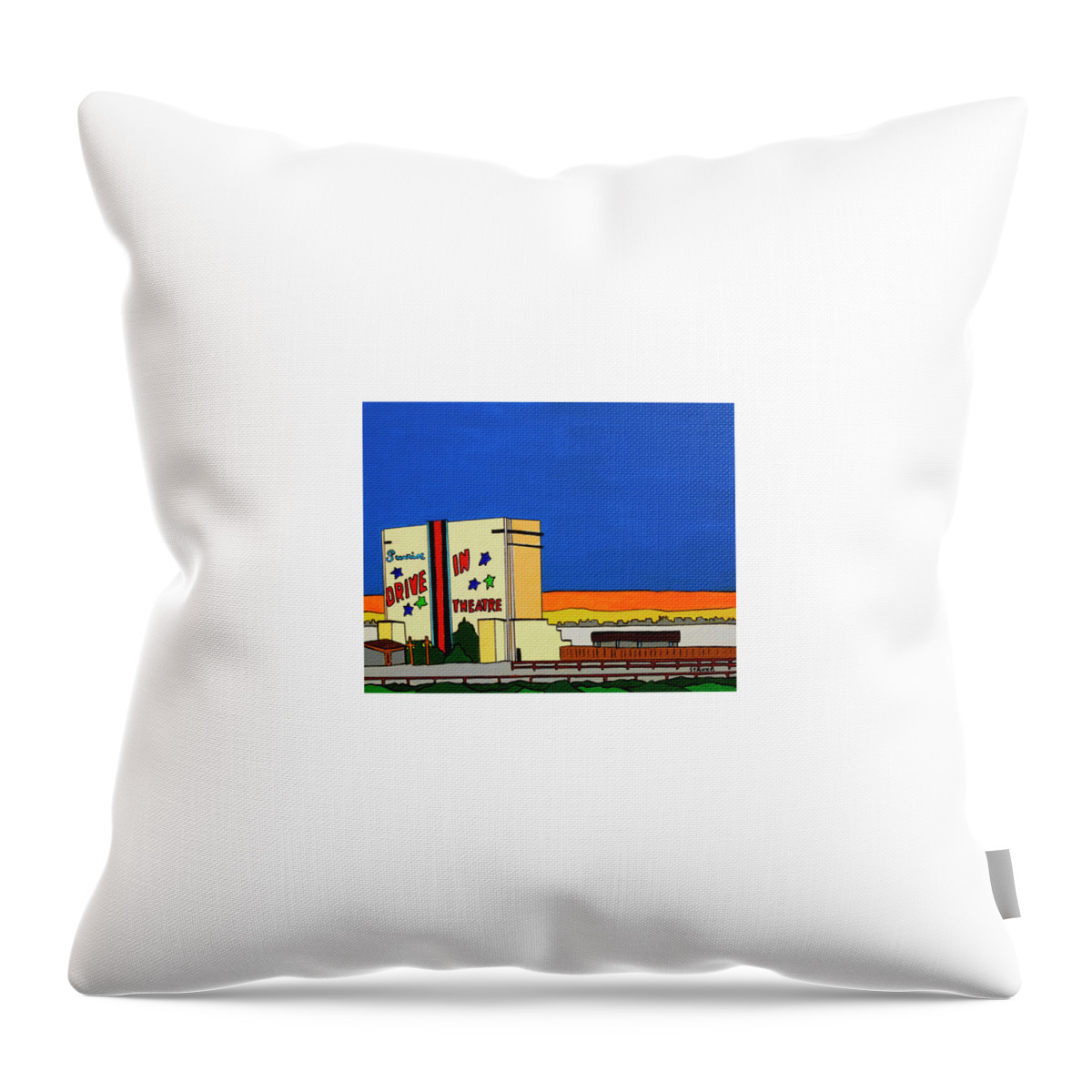 Sunrise Drive-in Valley Stream Movies Throw Pillow featuring the painting Sunrise Drive In by Mike Stanko