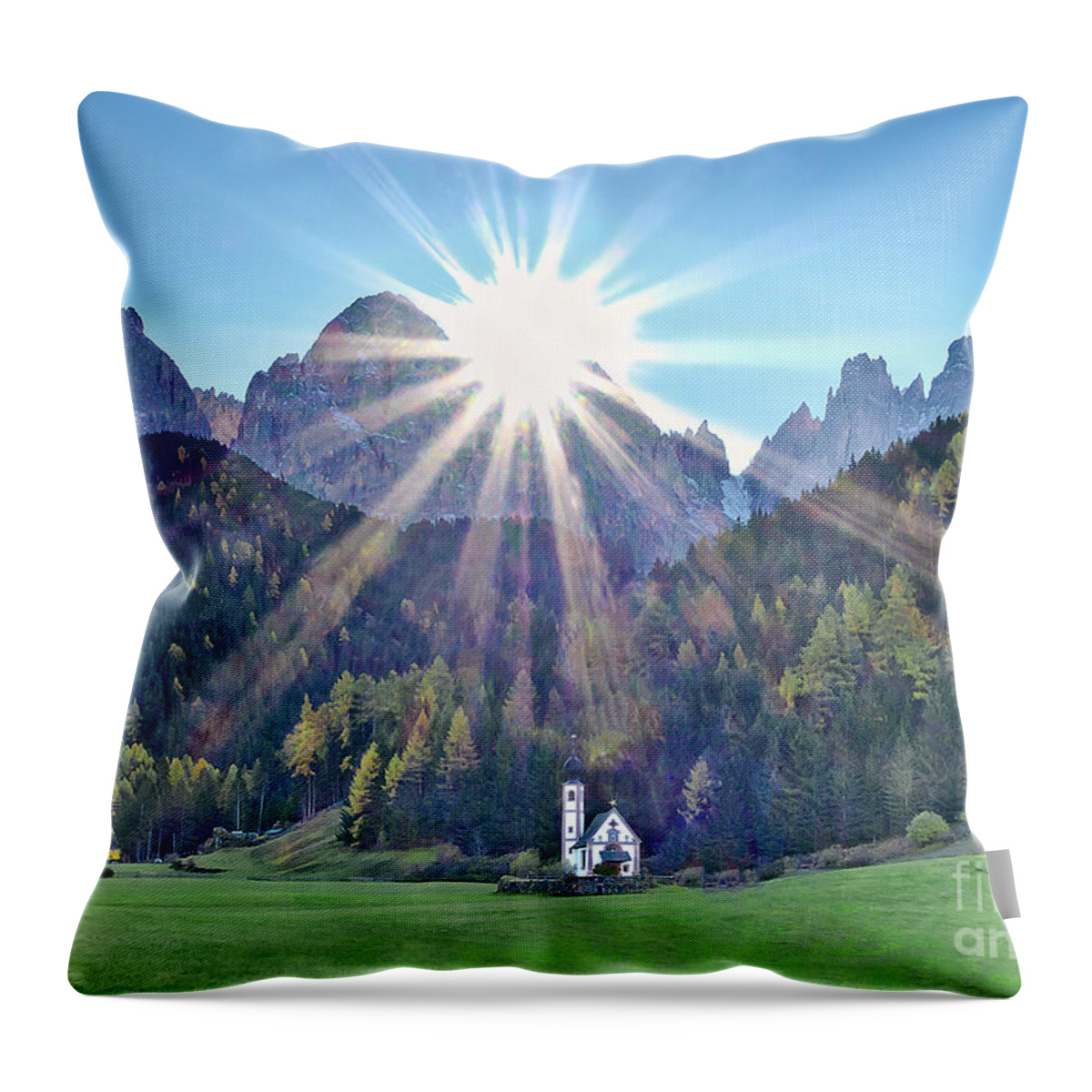 Sunrise Sun Rays Glory Black Mountains Powerful Striking Sunlight Sky Dramatic Beautiful Stunning Magnificent Exciting Landscape Contemporary Serenity Inspirational Serene Stylish Magic Poetic Exceptional Singular Electric Stimulating Thrilling Atmospheric Aesthetic Attractive Radiant Expressive Expression Alluring Scenic Sensational Appealing Brilliant Captivating Fascinating Glamorous Glorious Spectacular Splendid Simplicity Solo Solitary Evocative White Church Vivid Color Dolomites Italy Alps Throw Pillow featuring the photograph Sunrise glory NEW DAY IS RISING DolomItes Italy, St Johann Church, Val di Funes by Tatiana Bogracheva
