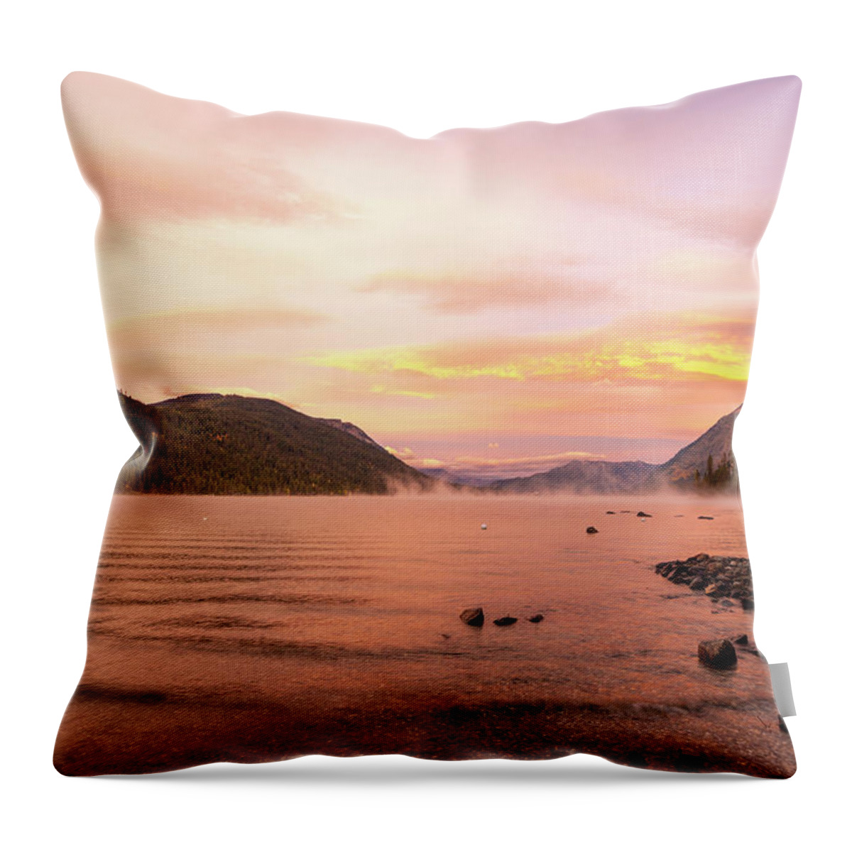 Outdoor; Sunrise; Colors; Lake; Lake Wenatchee; Fall; Colors; Glacier; Leavenworth; Camping; Lake Wenatchee State Park Throw Pillow featuring the digital art Sunrise in Lake Wenatchee by Michael Lee
