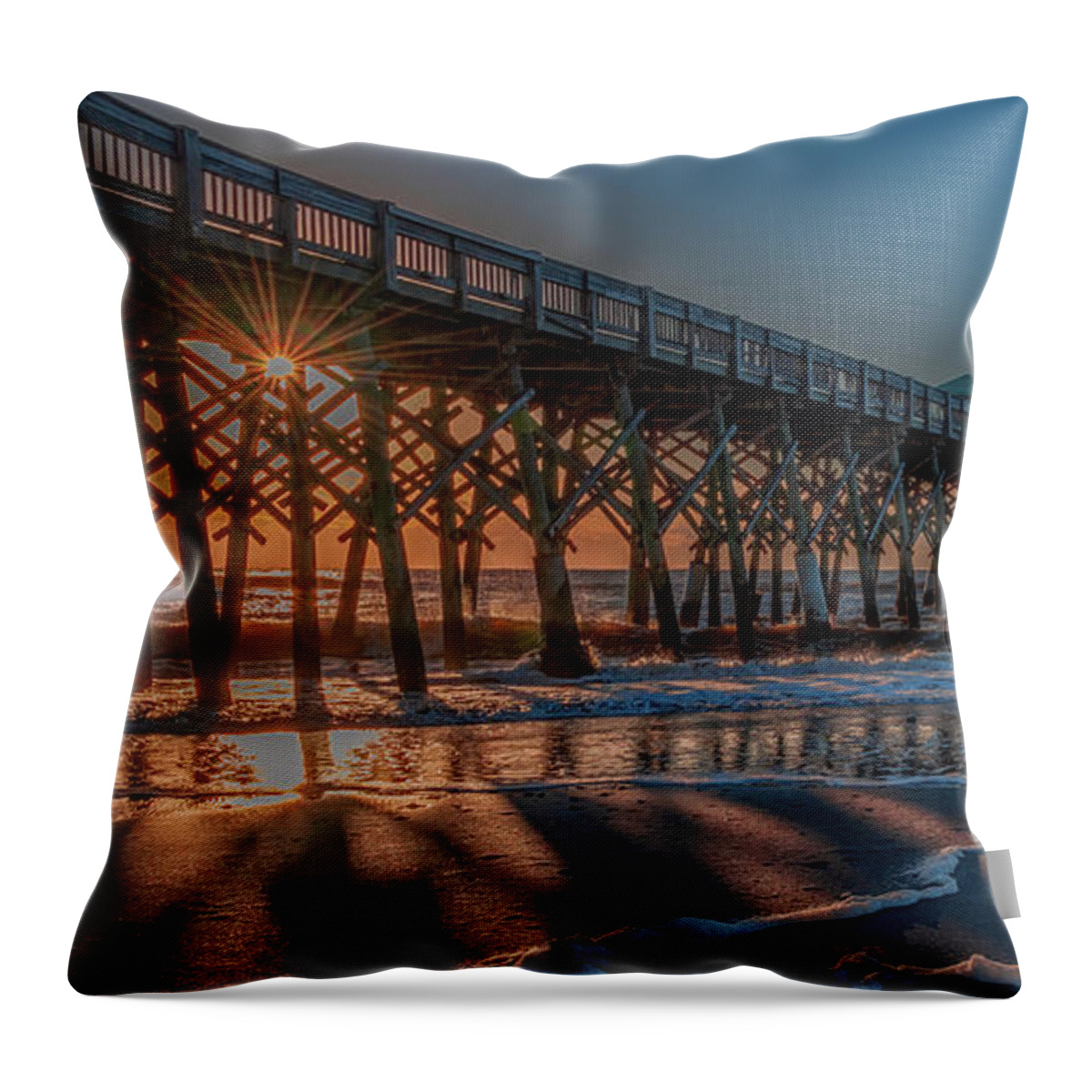  Throw Pillow featuring the photograph Sunrise on Folly Beach, Panorama by Marcy Wielfaert