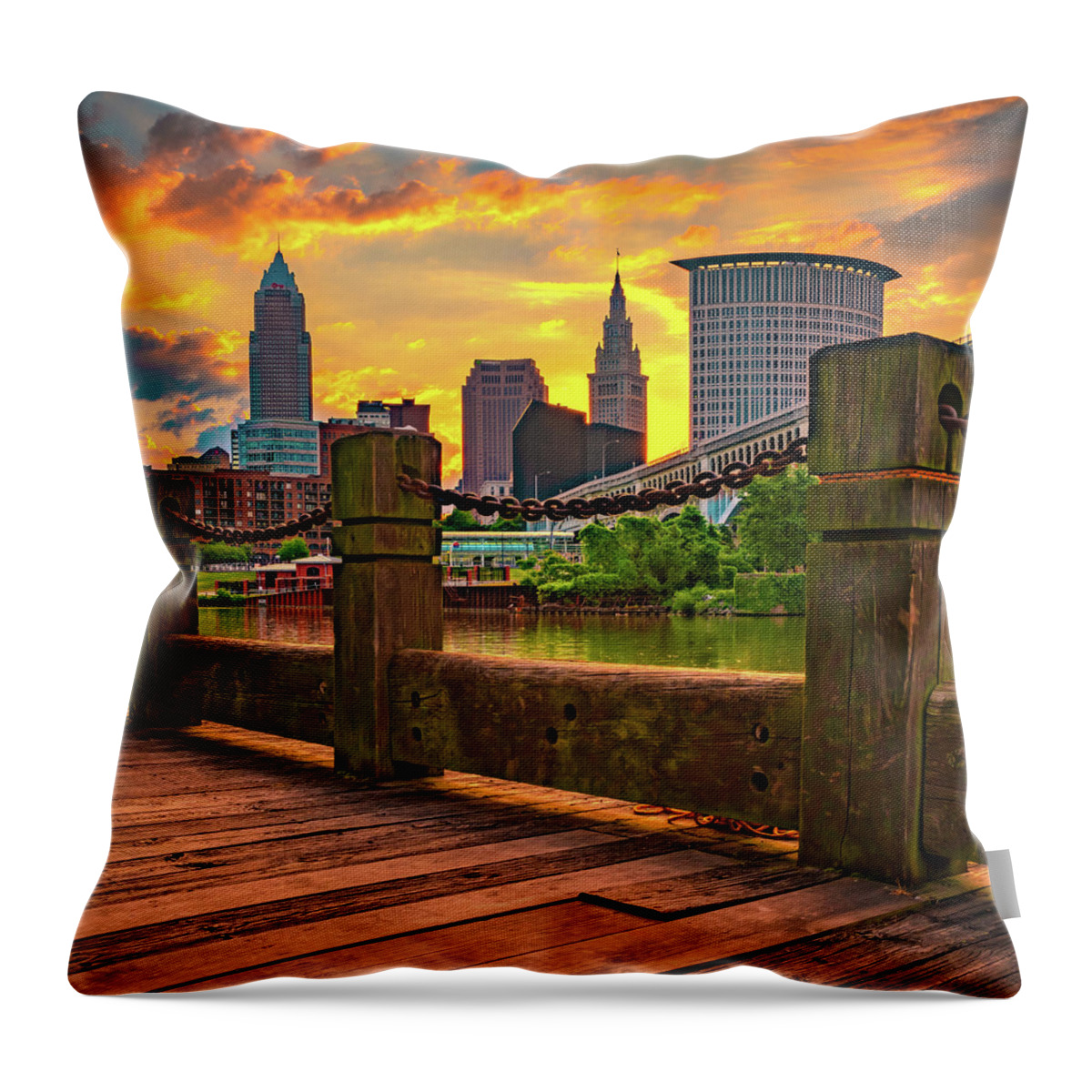 Cleveland Skyline Throw Pillow featuring the photograph Sunrise Over Cleveland Ohio and The Cuyahoga Riverfront by Gregory Ballos