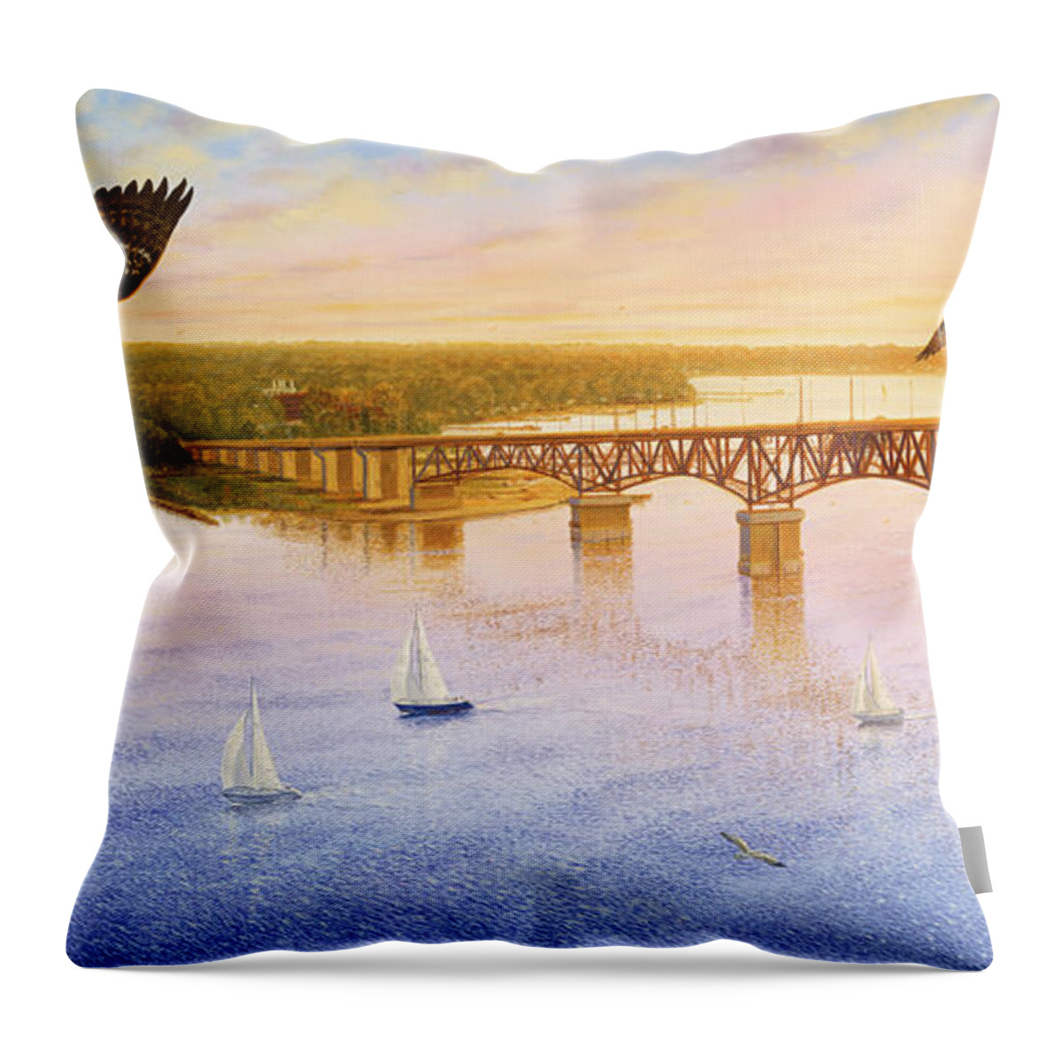 Virginia Throw Pillow featuring the painting Sunrise over Gloucester Point - Osprey by Guy Crittenden