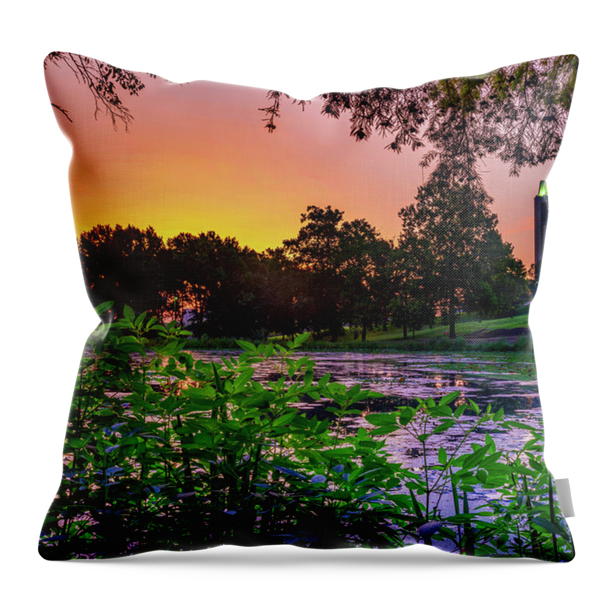 University Of Kansas Throw Pillow featuring the photograph Sunrise Over Potter Lake and the Campanile Tower by Gregory Ballos