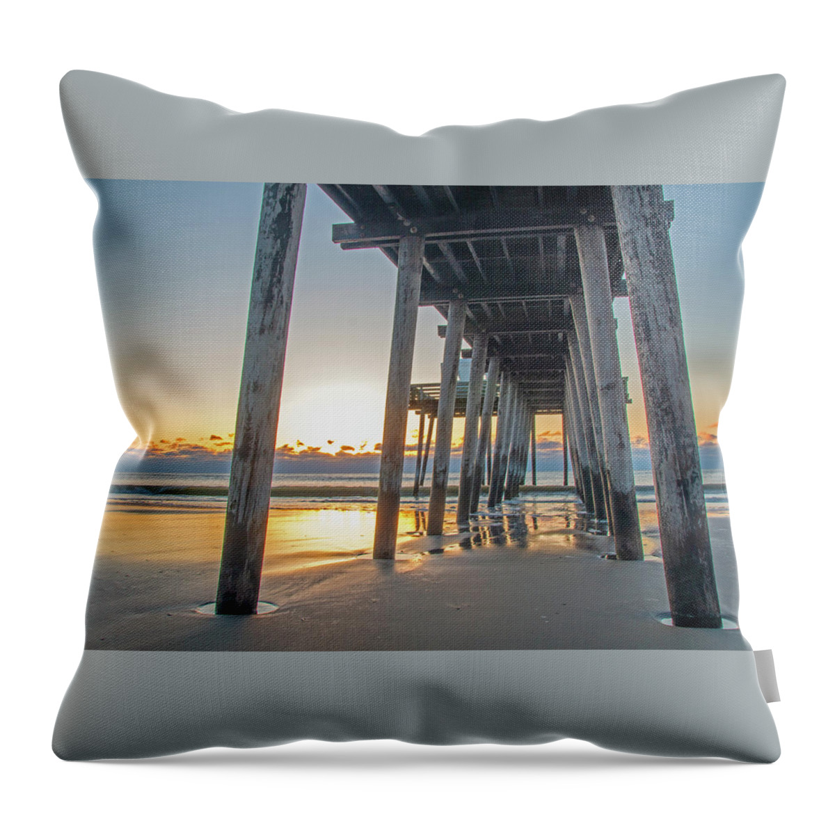 Ocean City Throw Pillow featuring the photograph Sunrise Under The Ocean City Fishing Pier by Kristia Adams