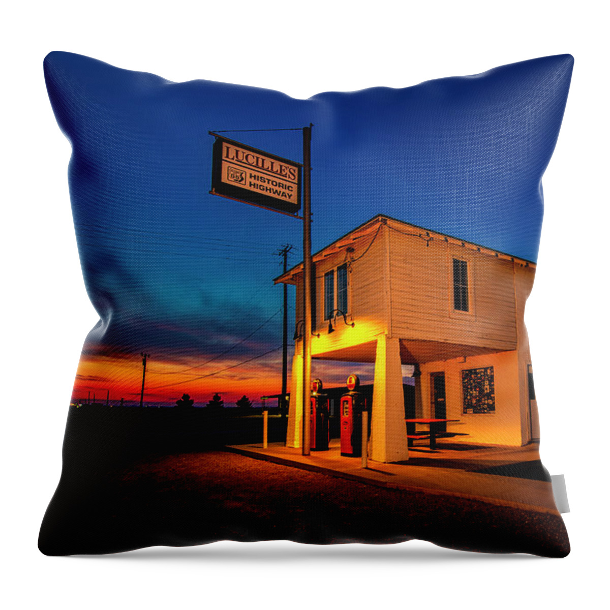 19th Century Throw Pillow featuring the photograph Sunset at Lucille's Service on Route 66 by Andy Crawford