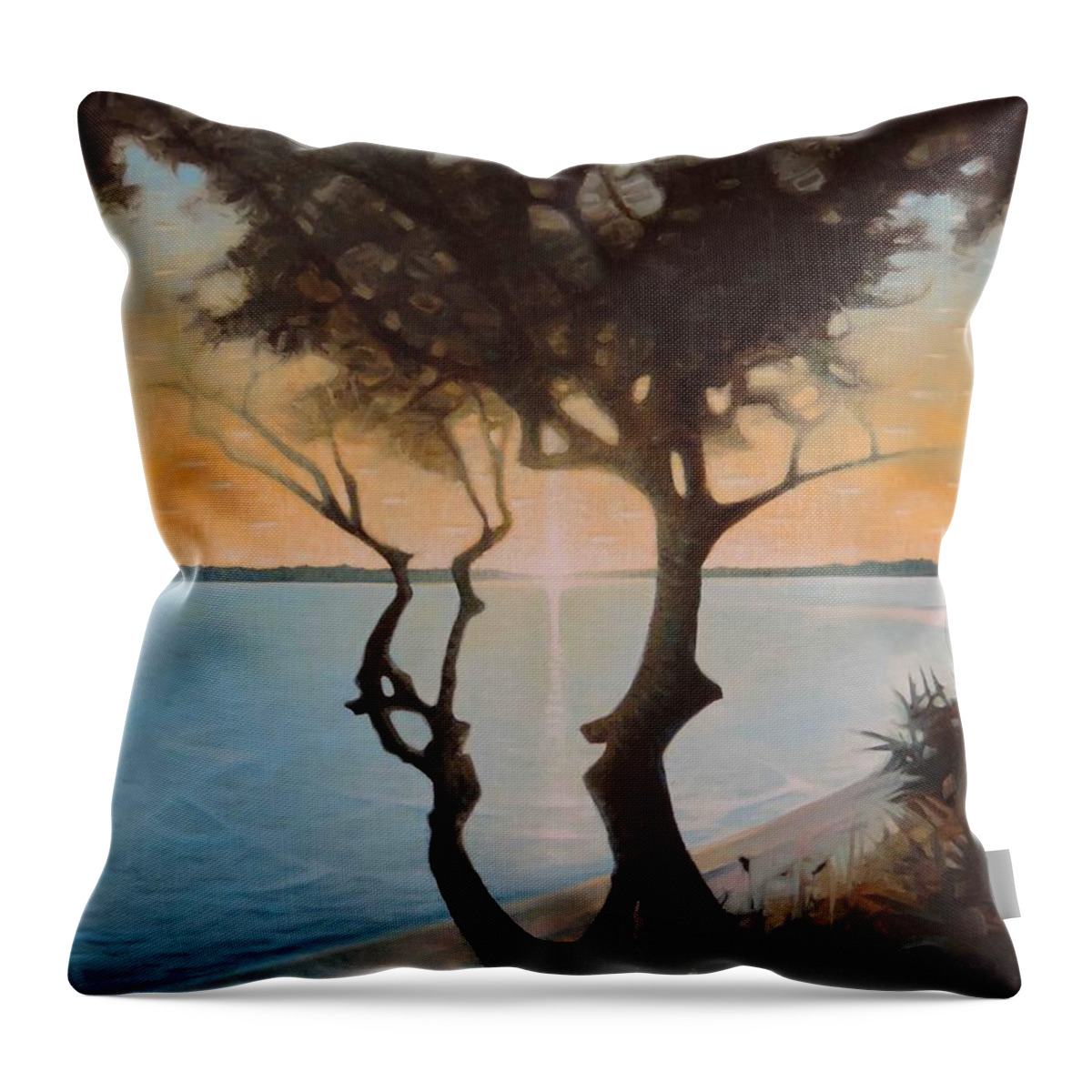 Oil Painting Sunset Ocean Sea Sea Cost Coastal Pensacola Florida Seaside Realism Contemporary Throw Pillow featuring the painting Sunset At Navy Point by T S Carson