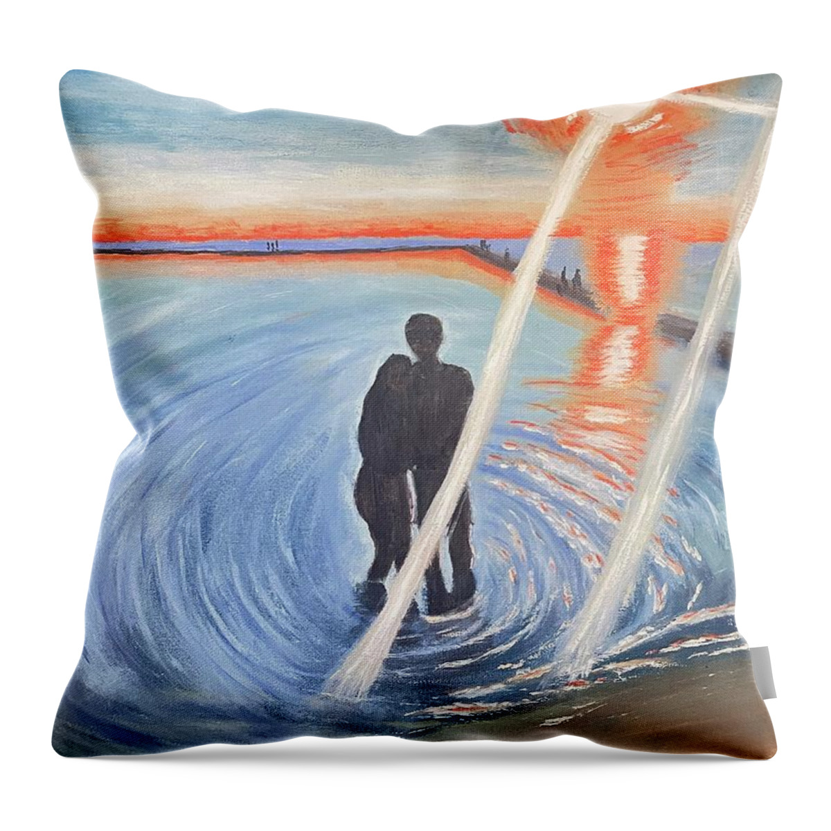 Oil Painting Throw Pillow featuring the painting Sunset at the Ludington Beach by Lisa White