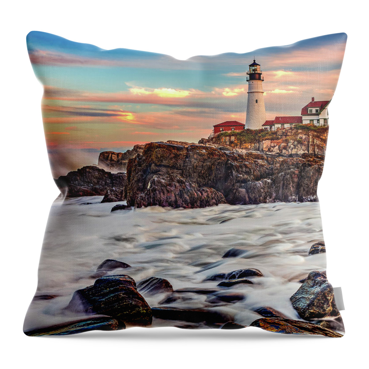 Portland Head Light Throw Pillow featuring the photograph Sunset At The Portland Head Lighthouse Over The Evening Tide by Gregory Ballos