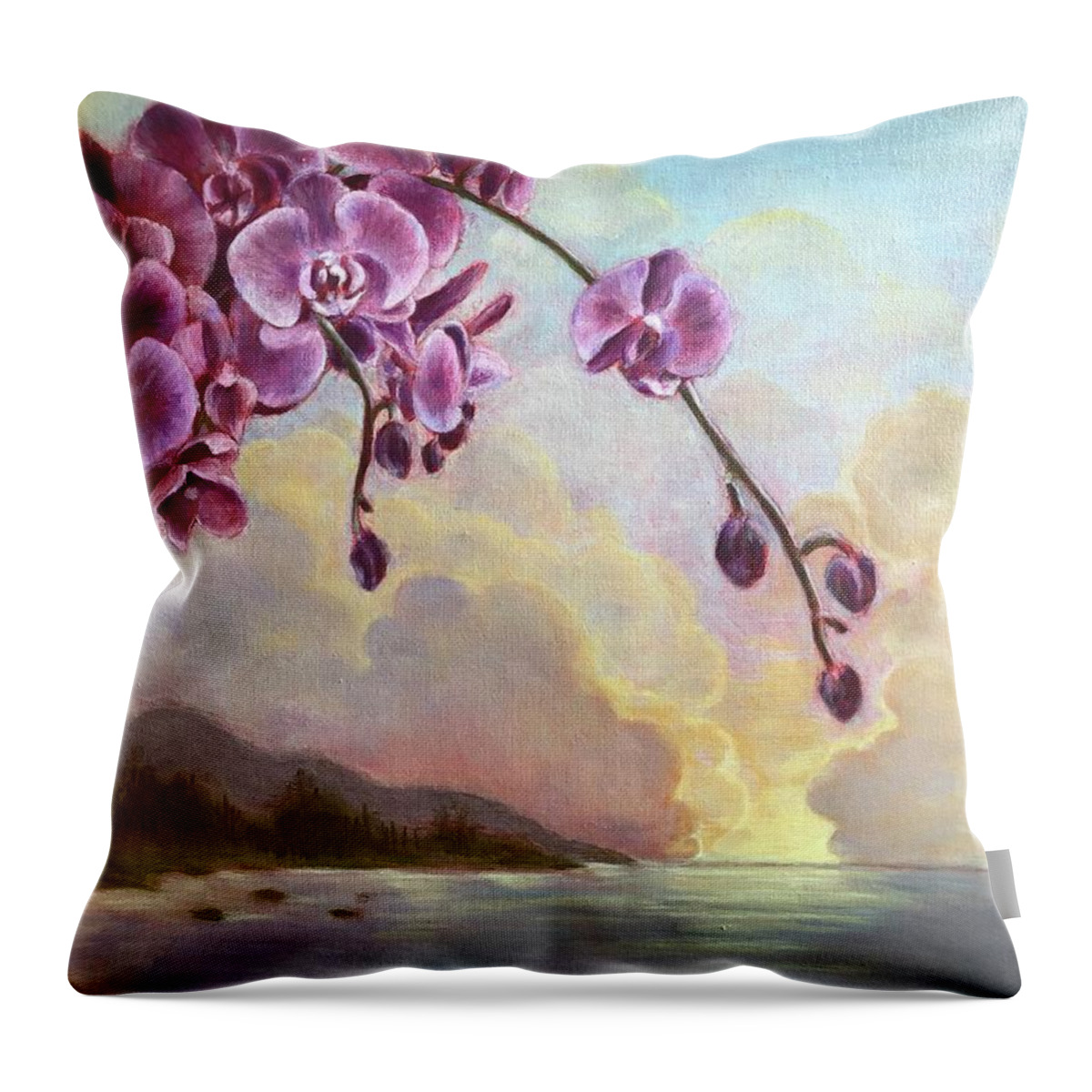Orchids Throw Pillow featuring the painting Sunset Blooms by Vina Yang