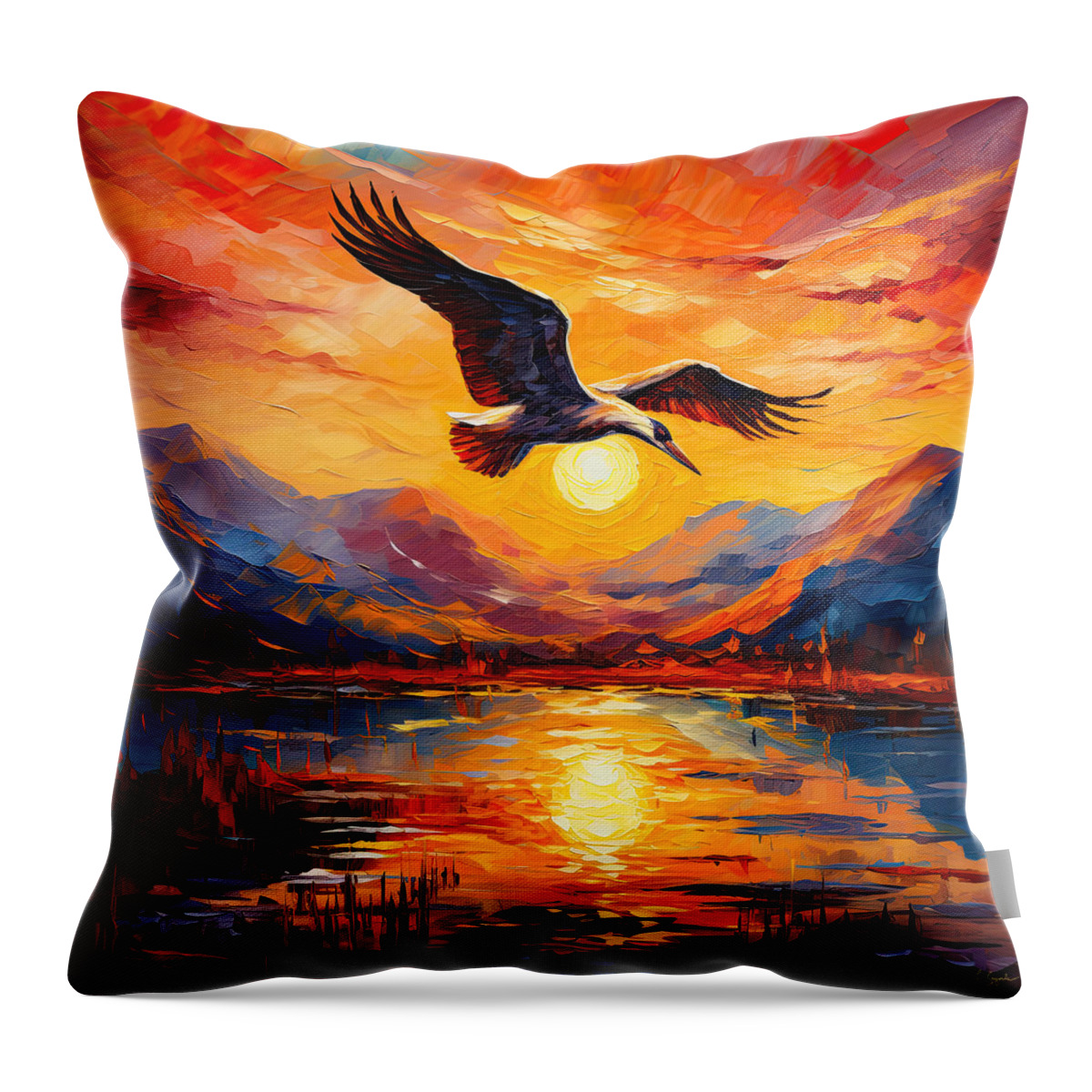 Crane Throw Pillow featuring the painting Sunset Duet - Graceful Crane Flying at Sunset by Lourry Legarde
