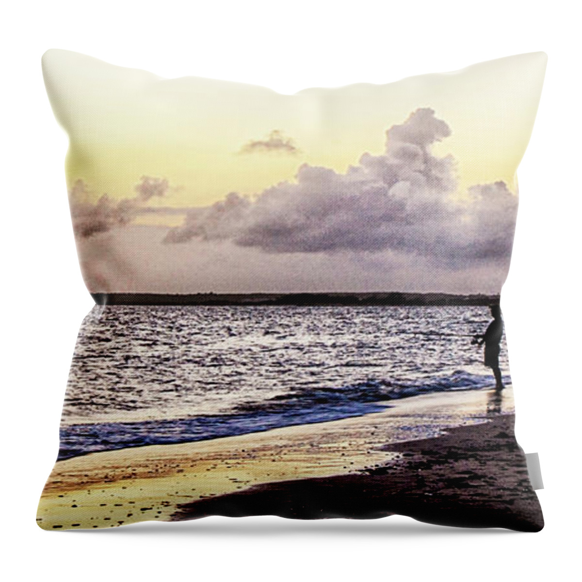 Sunset Throw Pillow featuring the photograph Sunset Fisherman at the Point - Emerald Isle North Carolina by Bob Decker