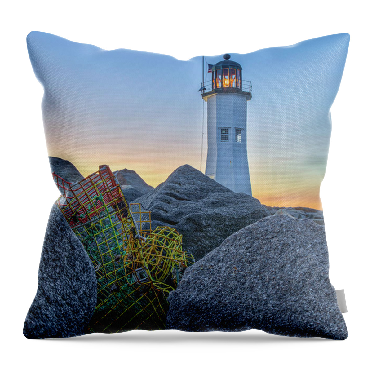Scituate Lighthouse Throw Pillow featuring the photograph Sunset Happy at Scituate Lighthouse by Juergen Roth