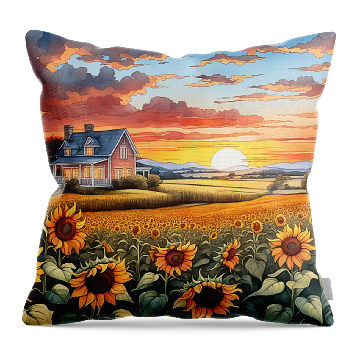 House Throw Pillow featuring the digital art Sunset In The Countryside by Manjik Pictures