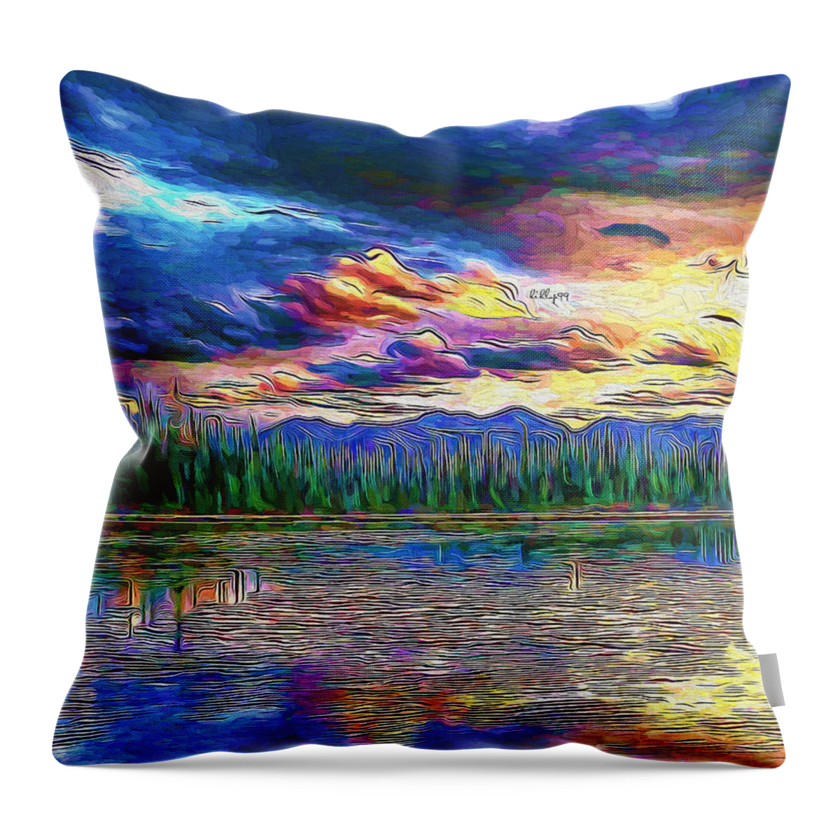 Paint Throw Pillow featuring the painting Sunset on lake 3 by Nenad Vasic