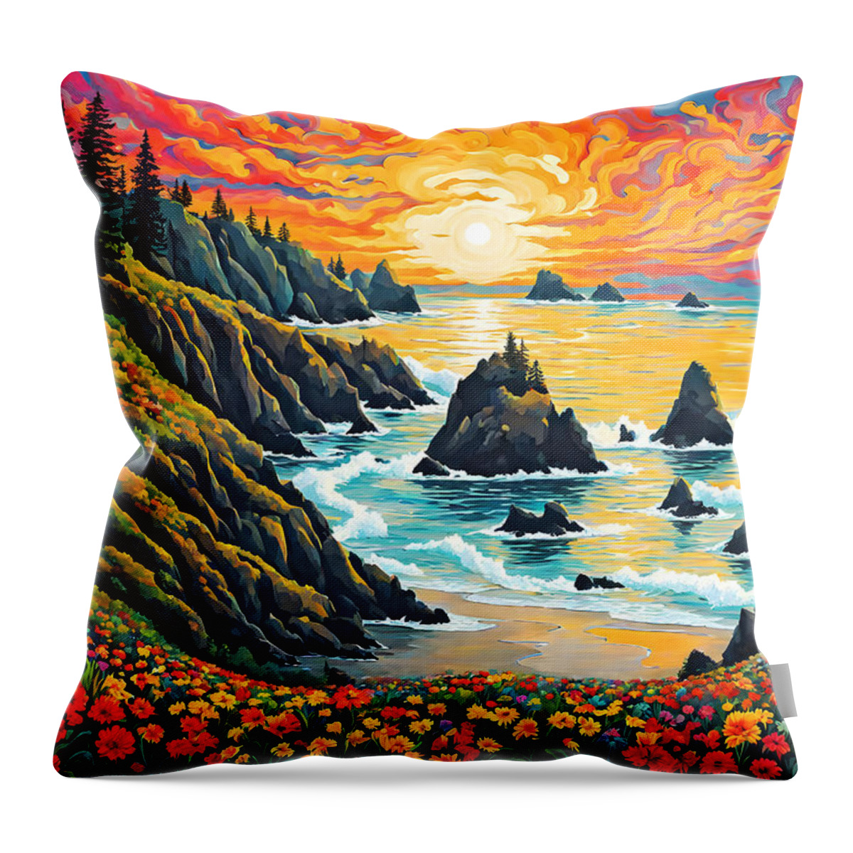 Sunset On The Oregon Coast Throw Pillow featuring the digital art Sunset On The Oregon Coast by Two Hivelys