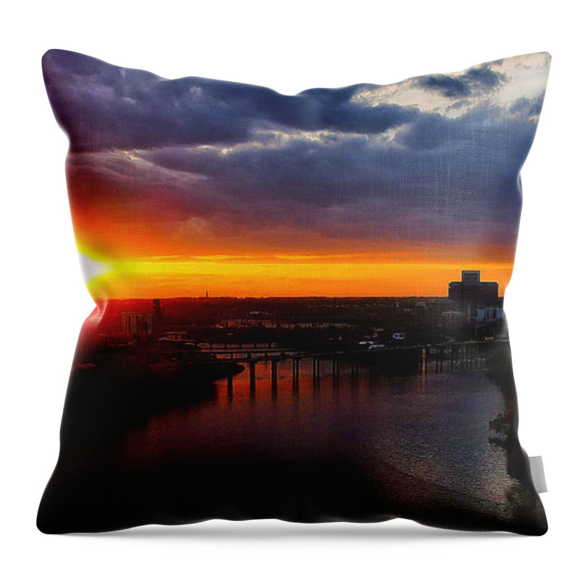  Throw Pillow featuring the photograph Sunset over the James and city by Stephen Dorton