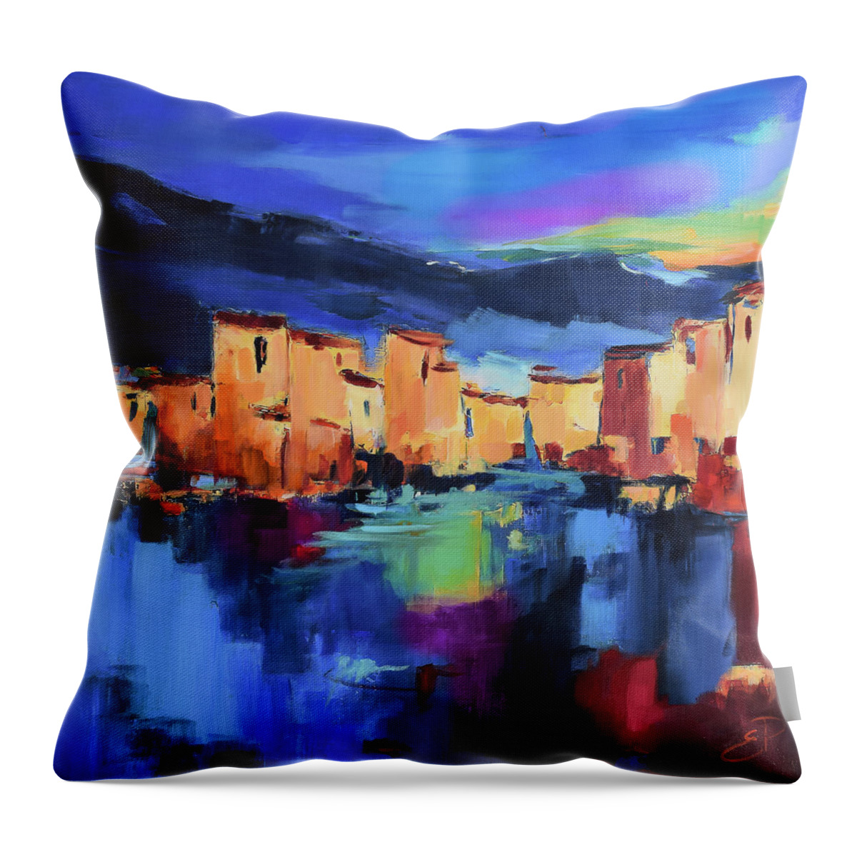 Cinque Terre Throw Pillow featuring the painting Sunset Over the Village by Elise Palmigiani
