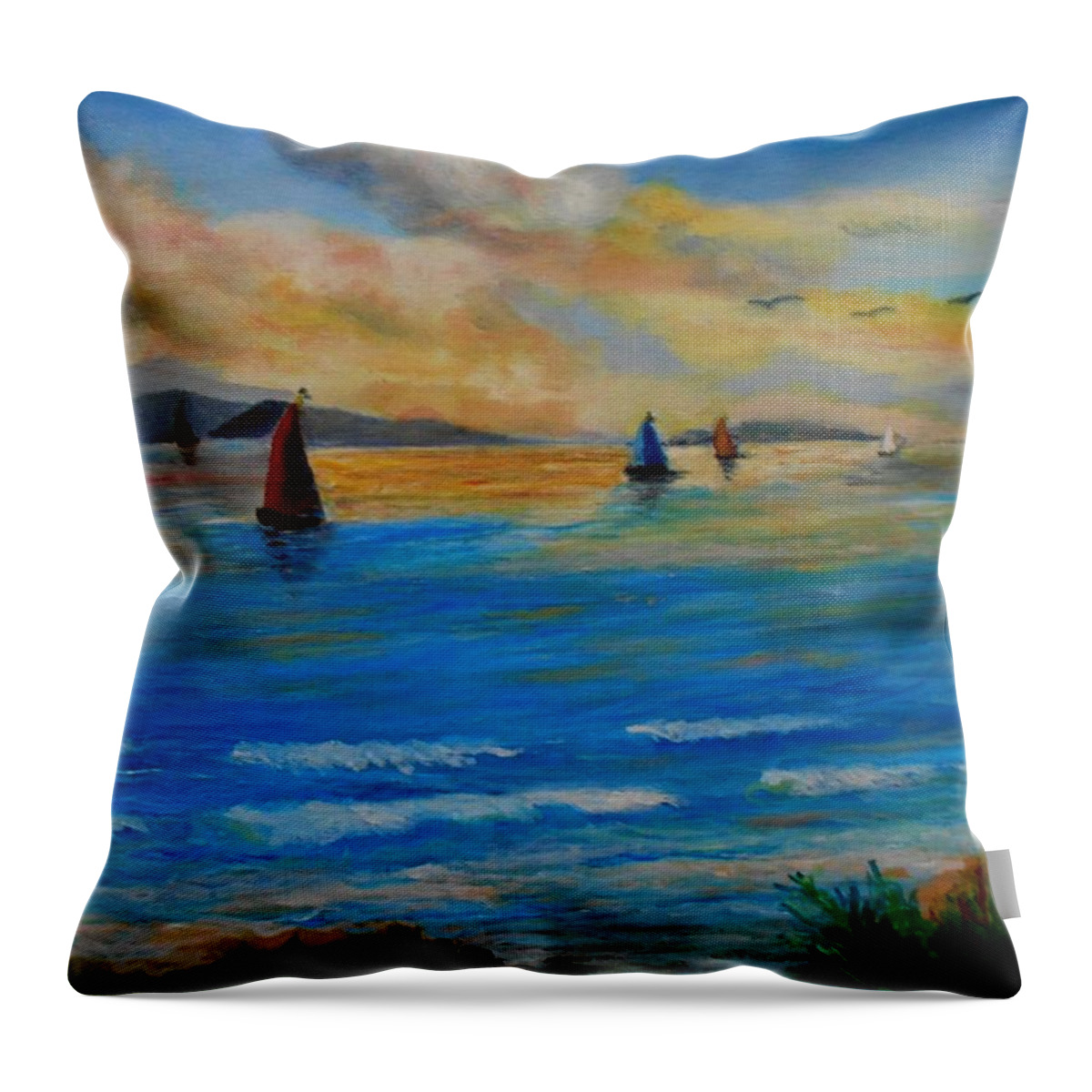 Sunsets Throw Pillow featuring the painting Sunset Sailing by Konstantinos Charalampopoulos