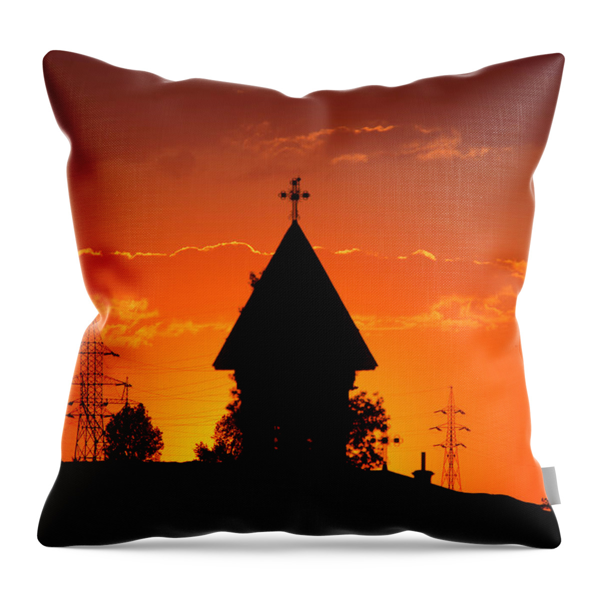 Sunset Throw Pillow featuring the photograph Sunset with church tower by Tony Mills