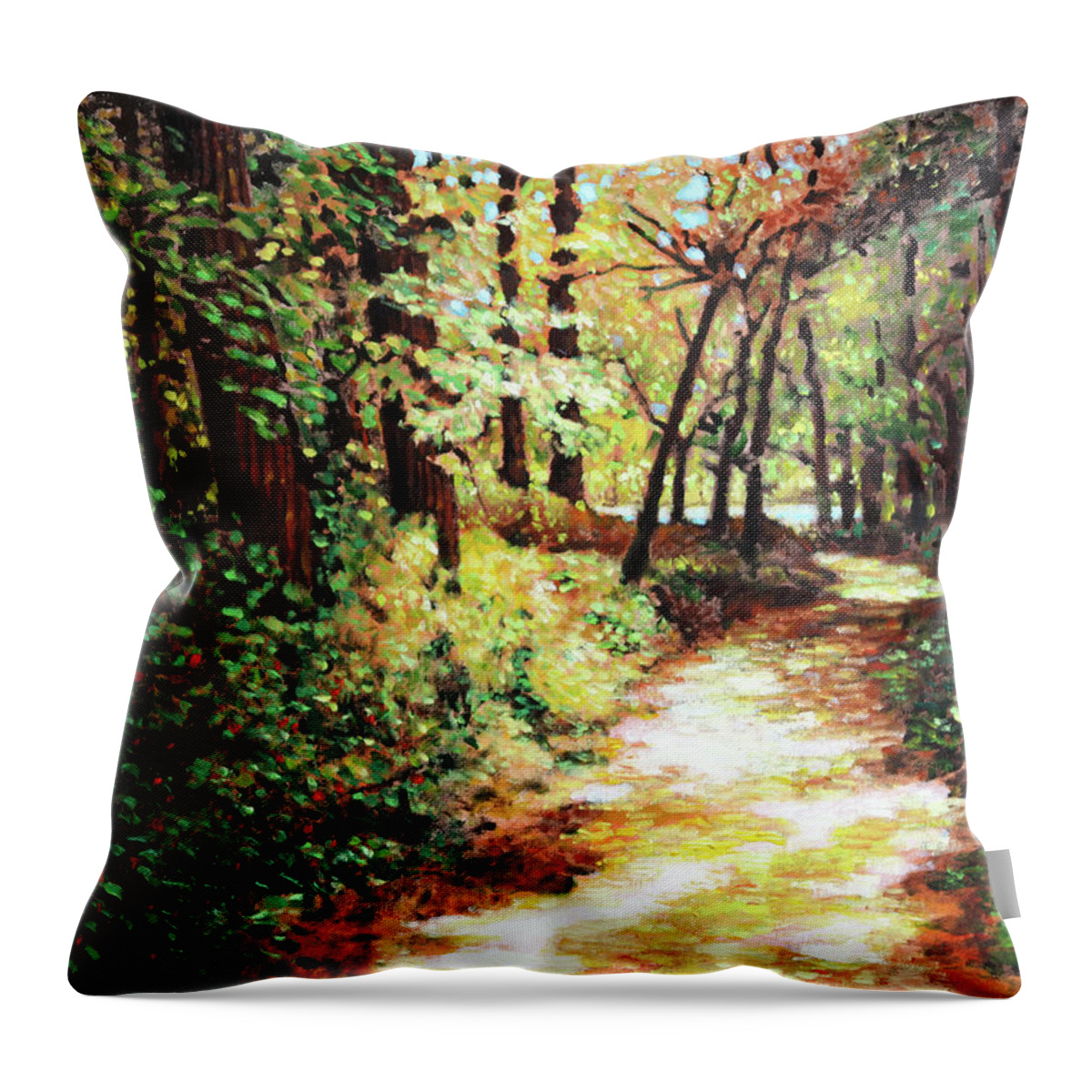 Woods Throw Pillow featuring the painting Sunspots on the Path Home by John Lautermilch