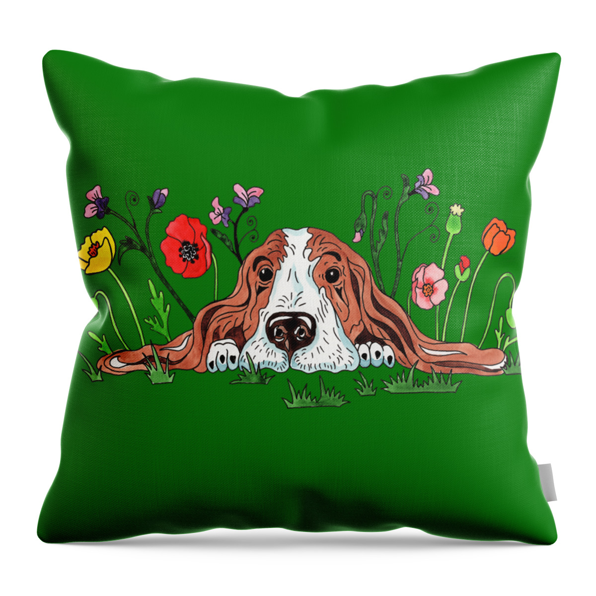 Sweet Throw Pillow featuring the painting Super Cute Adorable Watercolor Basset Puppy Dog Lying In The Flowers by Irina Sztukowski