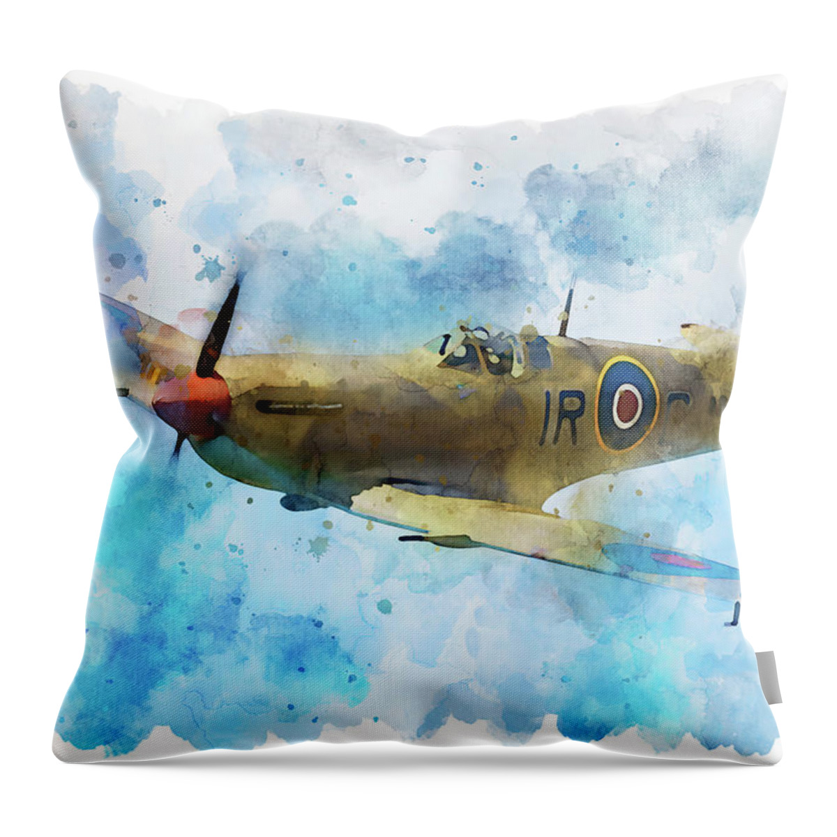 Spitfire Throw Pillow featuring the painting Supermarine Spitfire in flight, 04 by AM FineArtPrints