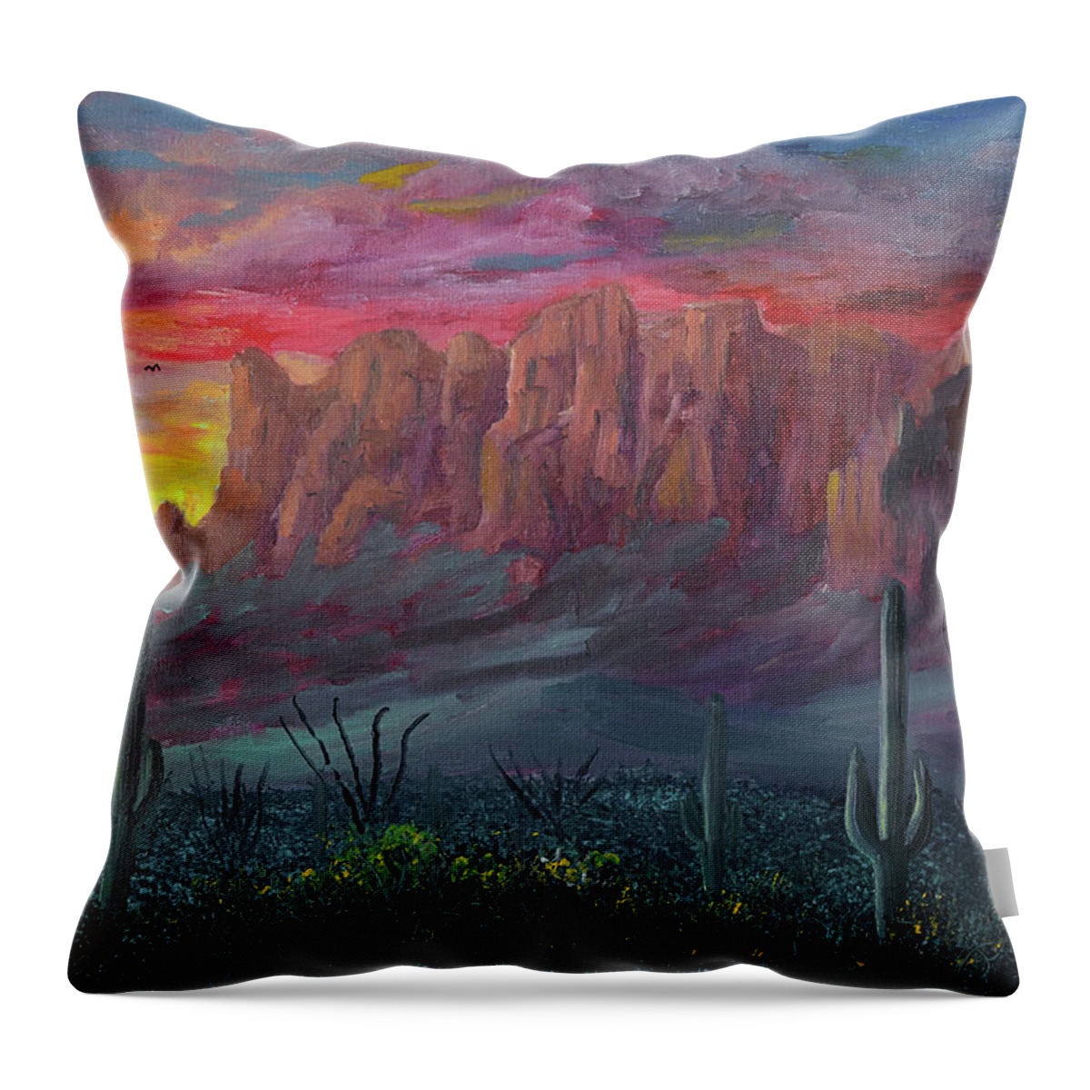 Superstition Mountains Throw Pillow featuring the painting Superstition Mountains Sunrise by Chance Kafka