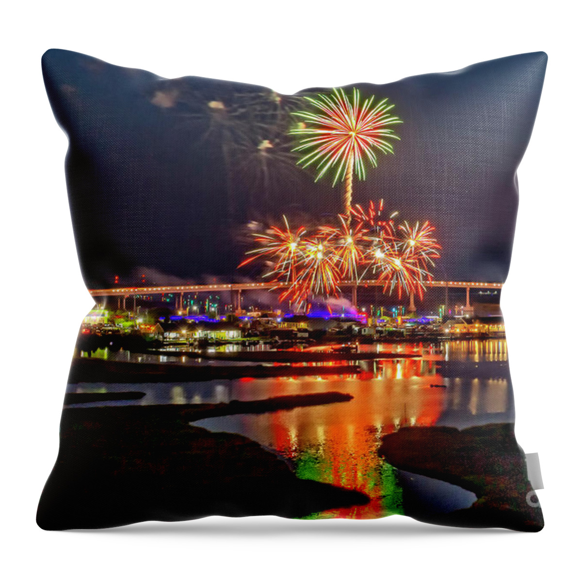 4th Of July Throw Pillow featuring the photograph Surf City Fireworks 2021 by DJA Images
