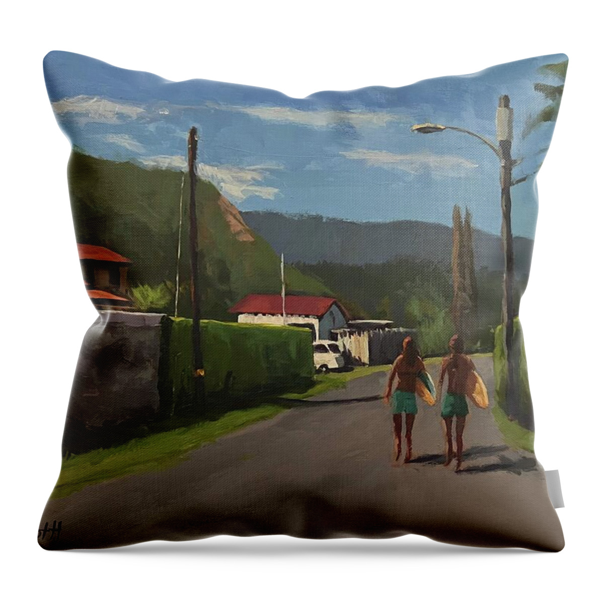 Surfers Throw Pillow featuring the painting Surfer Girls by Laura Toth