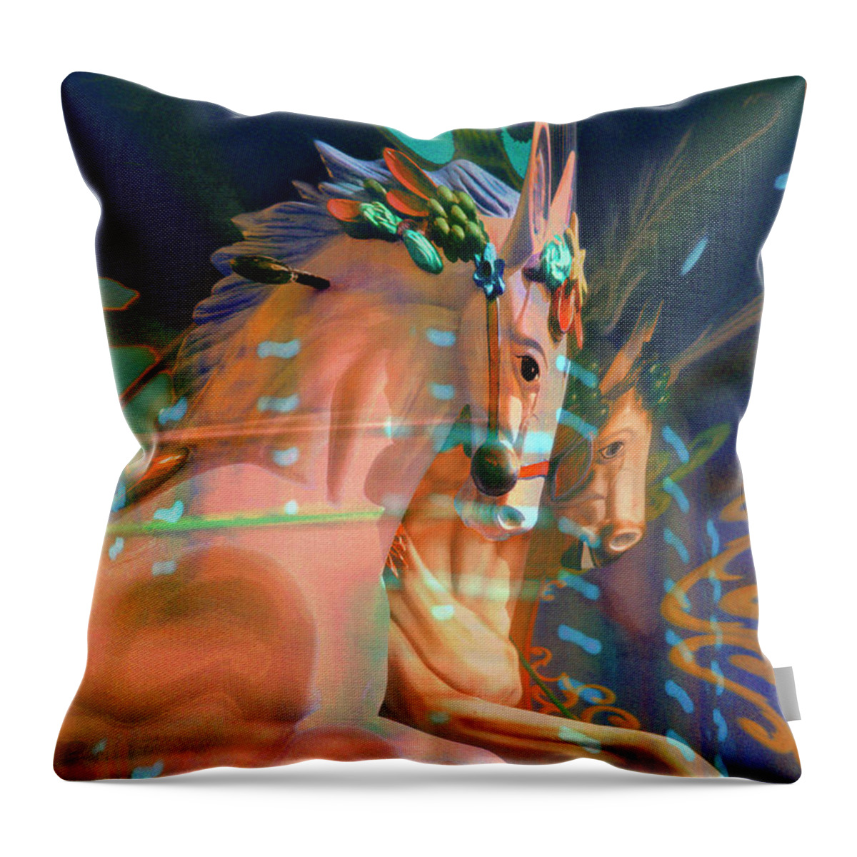 Carousel Throw Pillow featuring the photograph surreal fantasy horses - Pier Pair by Sharon Hudson