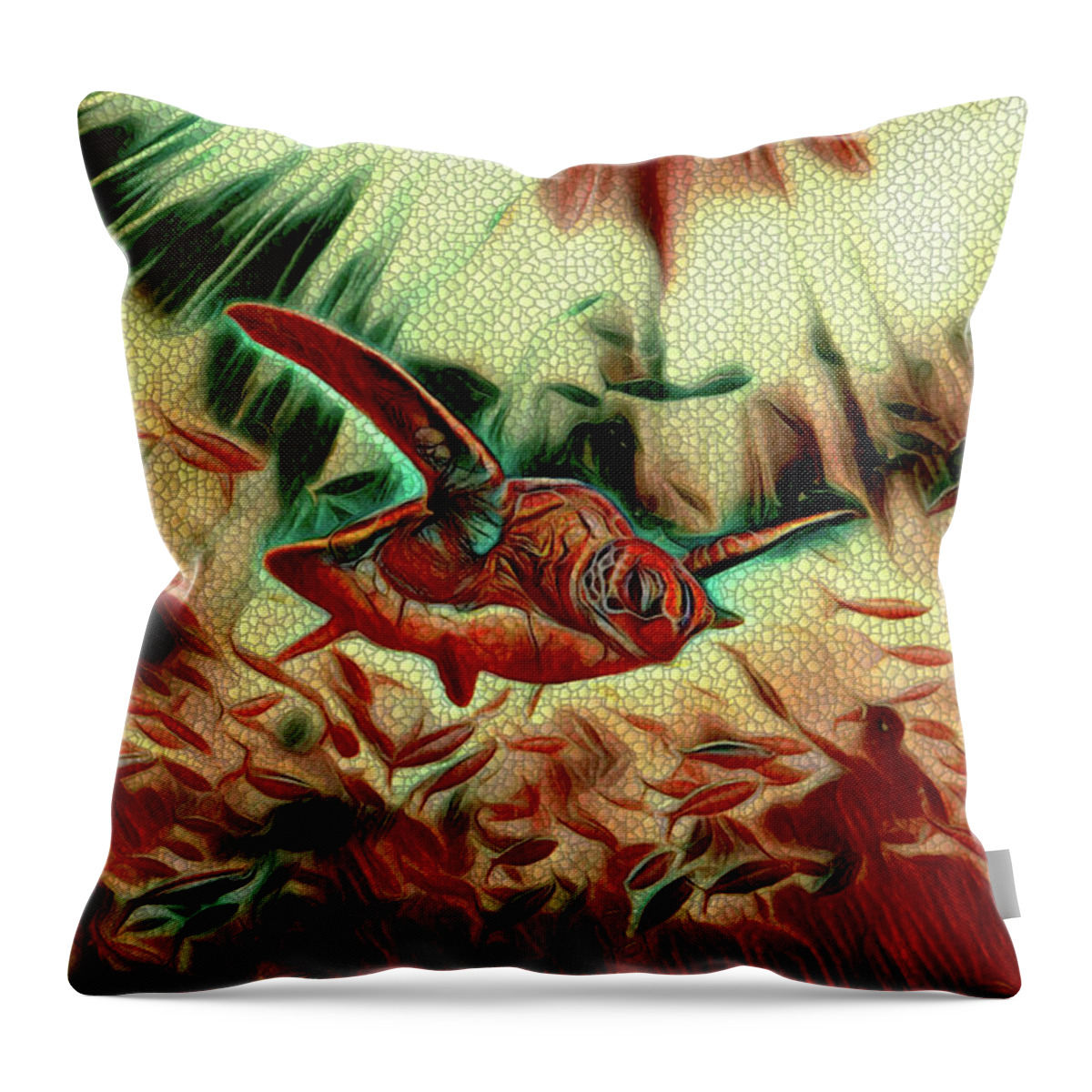 Surreal Throw Pillow featuring the digital art Surreal Sea Turtle Swimming with Fish Mosaic by Shelli Fitzpatrick
