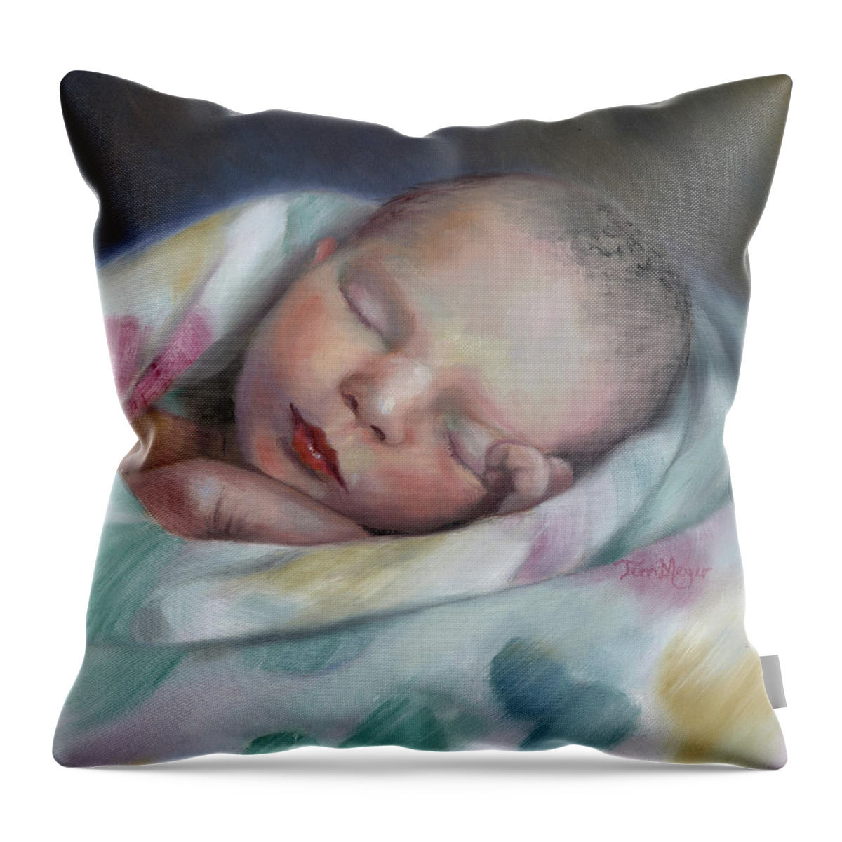 Oil Portrait Of A Newborn By Terri Meyer Throw Pillow featuring the painting Swaddled in Love by Terri Meyer