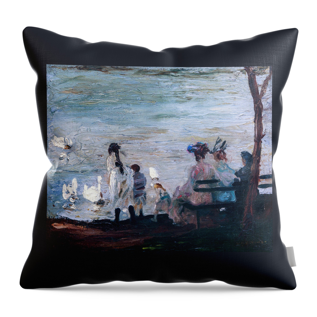 Swans In Central Park Throw Pillow featuring the painting Swans in Central Park by George Bellows July 1906 by George Bellows