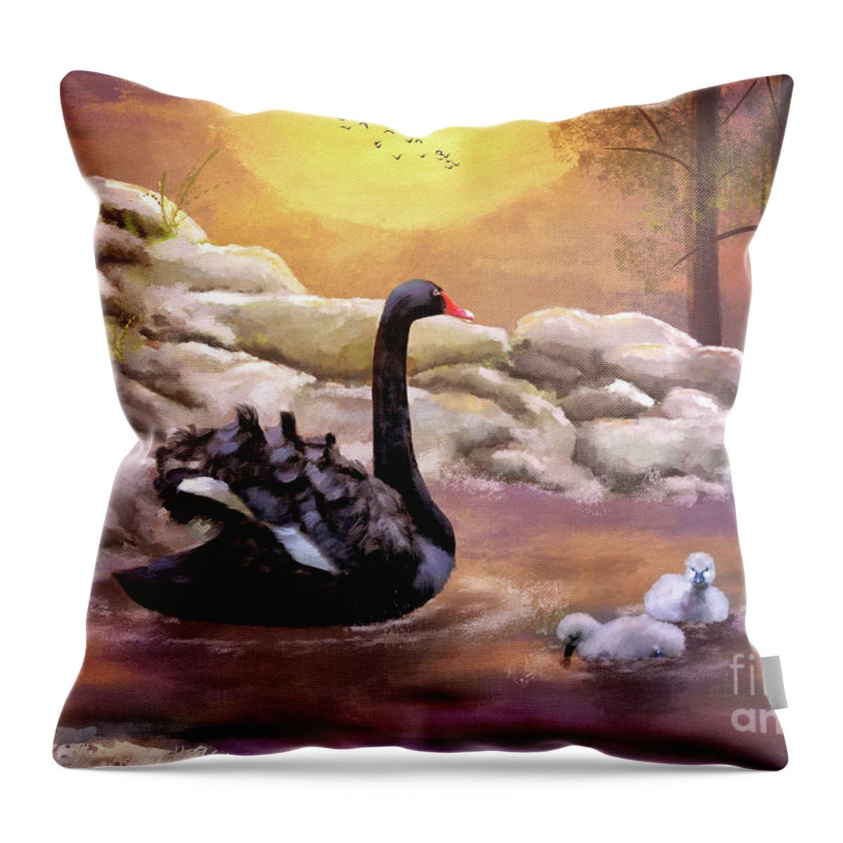 Swan Throw Pillow featuring the digital art Swans Swimming At Sunset by Lois Bryan