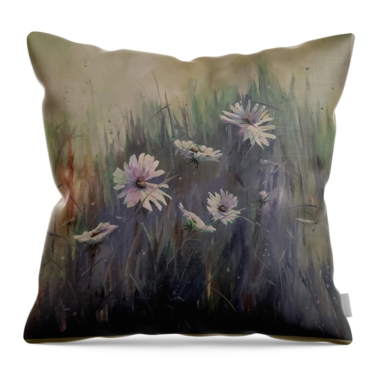 Landscape Throw Pillow featuring the painting Sweet Grass and Daisies by Sheila Romard