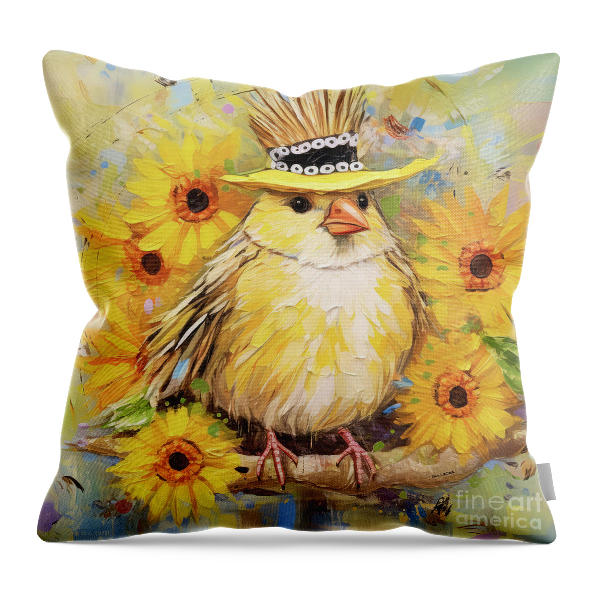 American Goldfinch Bird Throw Pillow featuring the painting Sweet Little Goldfinch by Tina LeCour