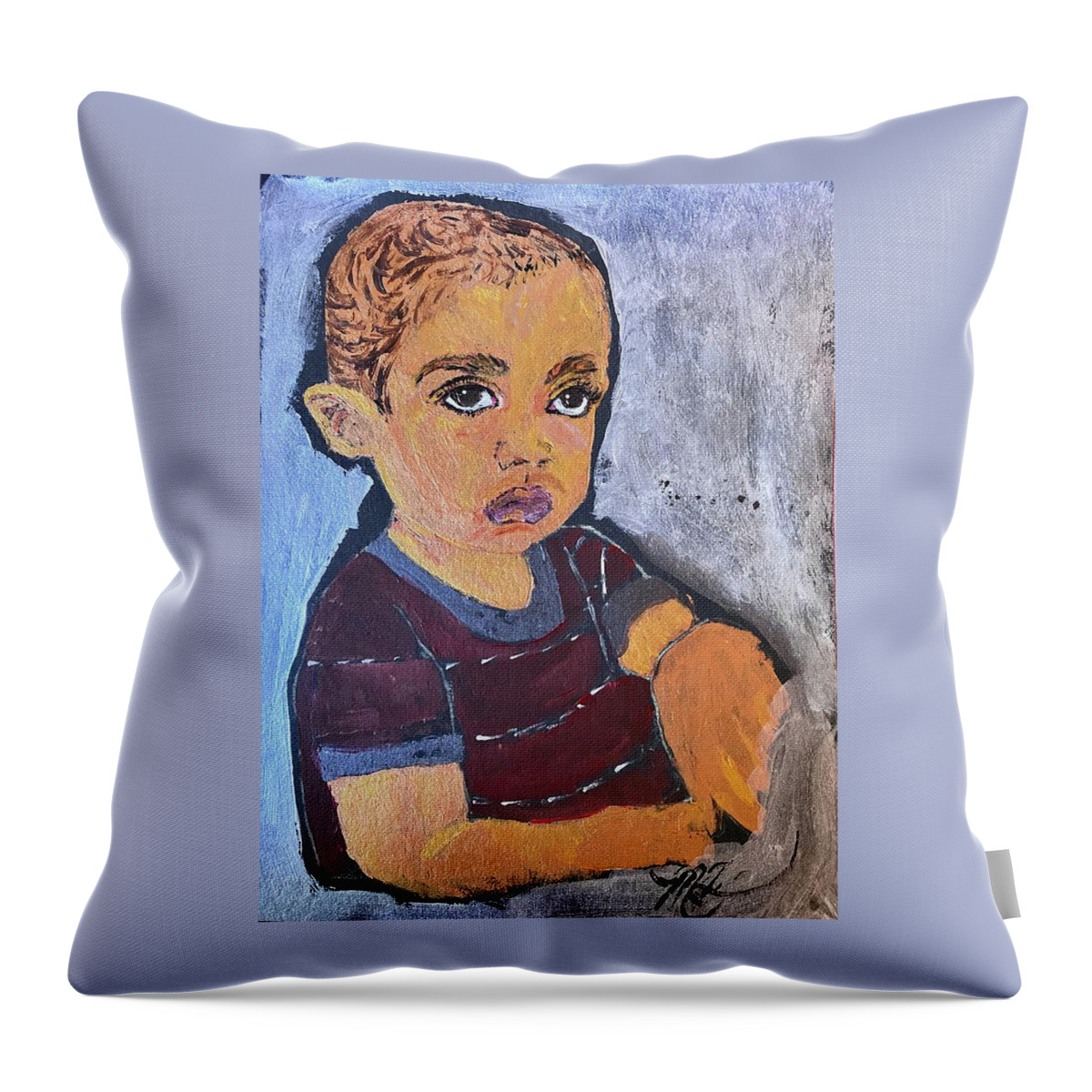 African-american Throw Pillow featuring the painting African-american Boy Sorrow by Melody Fowler